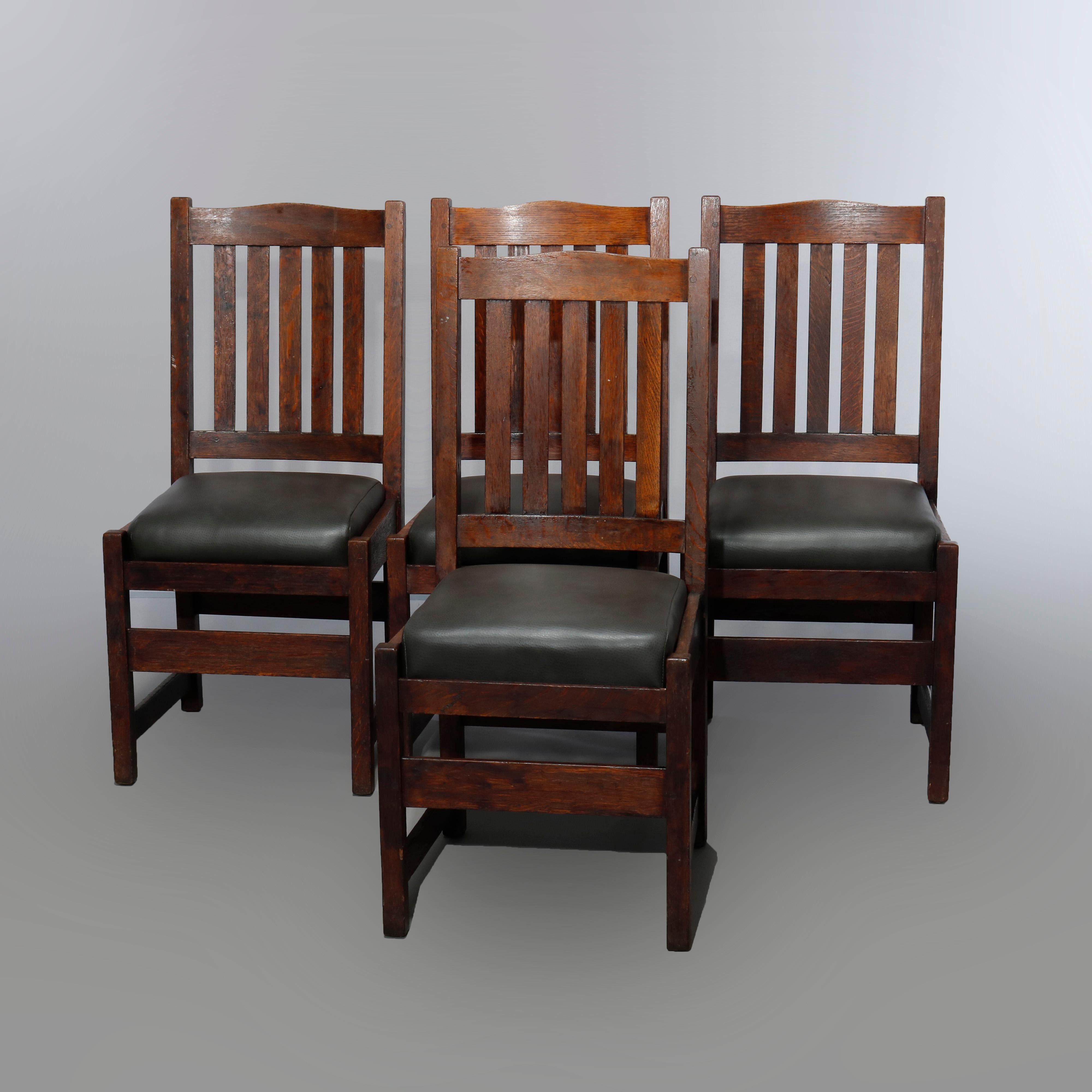 Four Arts & Crafts L&JG Stickley Mission Oak & Leather Dining Chairs, c1910 2