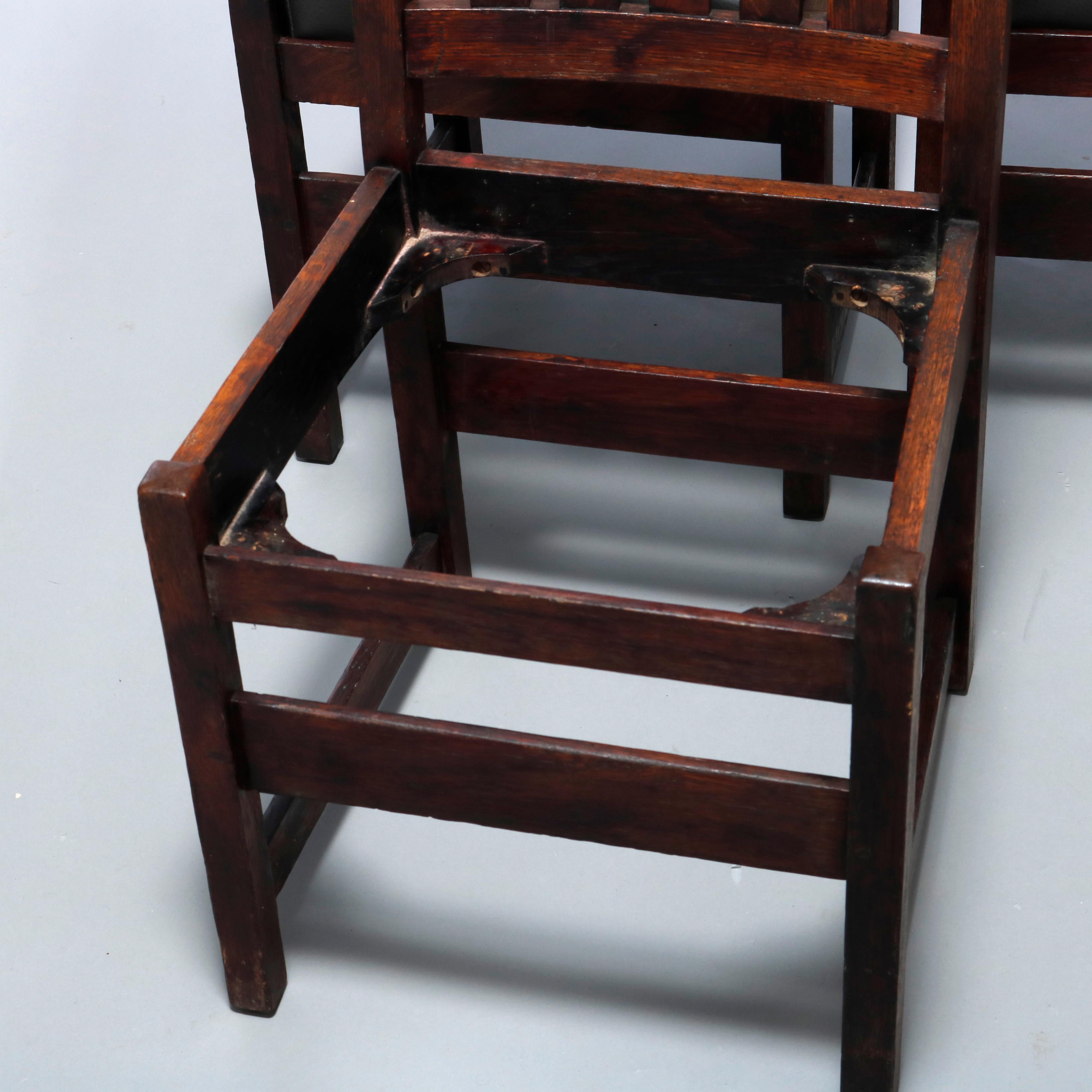 20th Century Four Arts & Crafts L&JG Stickley Mission Oak & Leather Dining Chairs, c1910