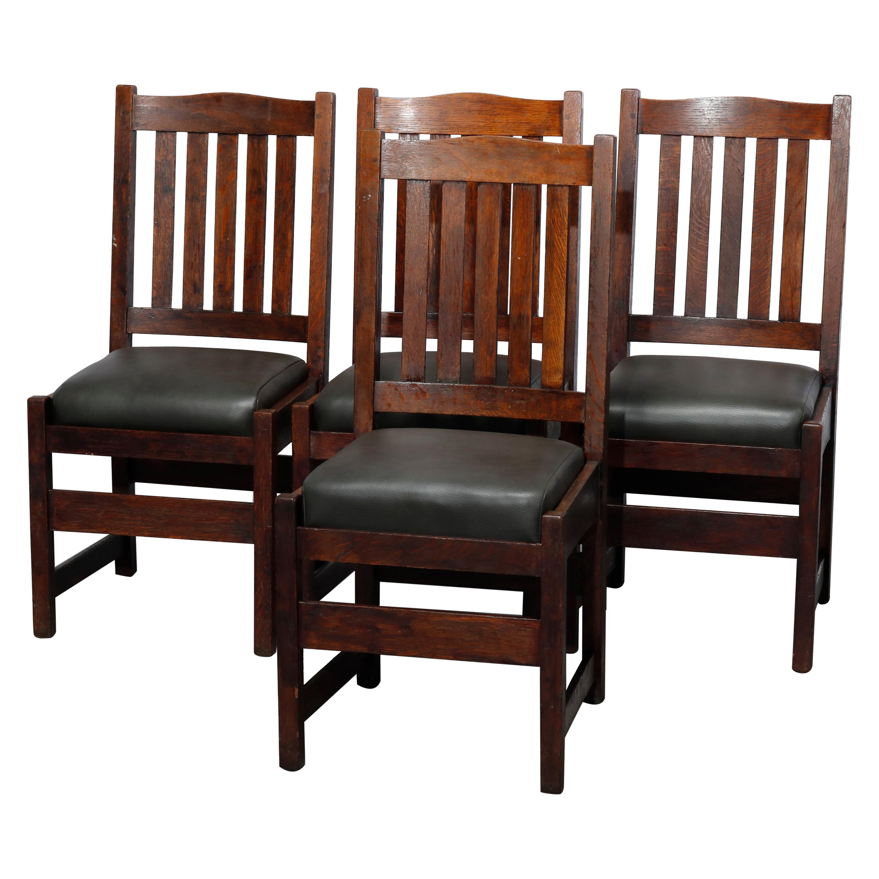 Four Arts & Crafts L&JG Stickley Mission Oak & Leather Dining Chairs, c1910