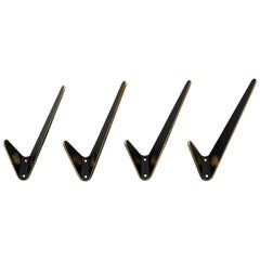 Four Asymmetric Coat Wall Hooks, Blackened Brass, Walter Bosse, Austria, 1950