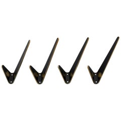 Four Asymmetric Coat Wall Hooks, Blackened Brass, Walter Bosse, Austria, 1950s