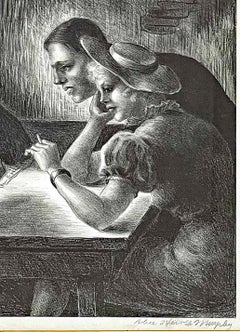 "Cuatro a la mesa", litografía de una escena americana de los años 40, realizada por una mujer artista