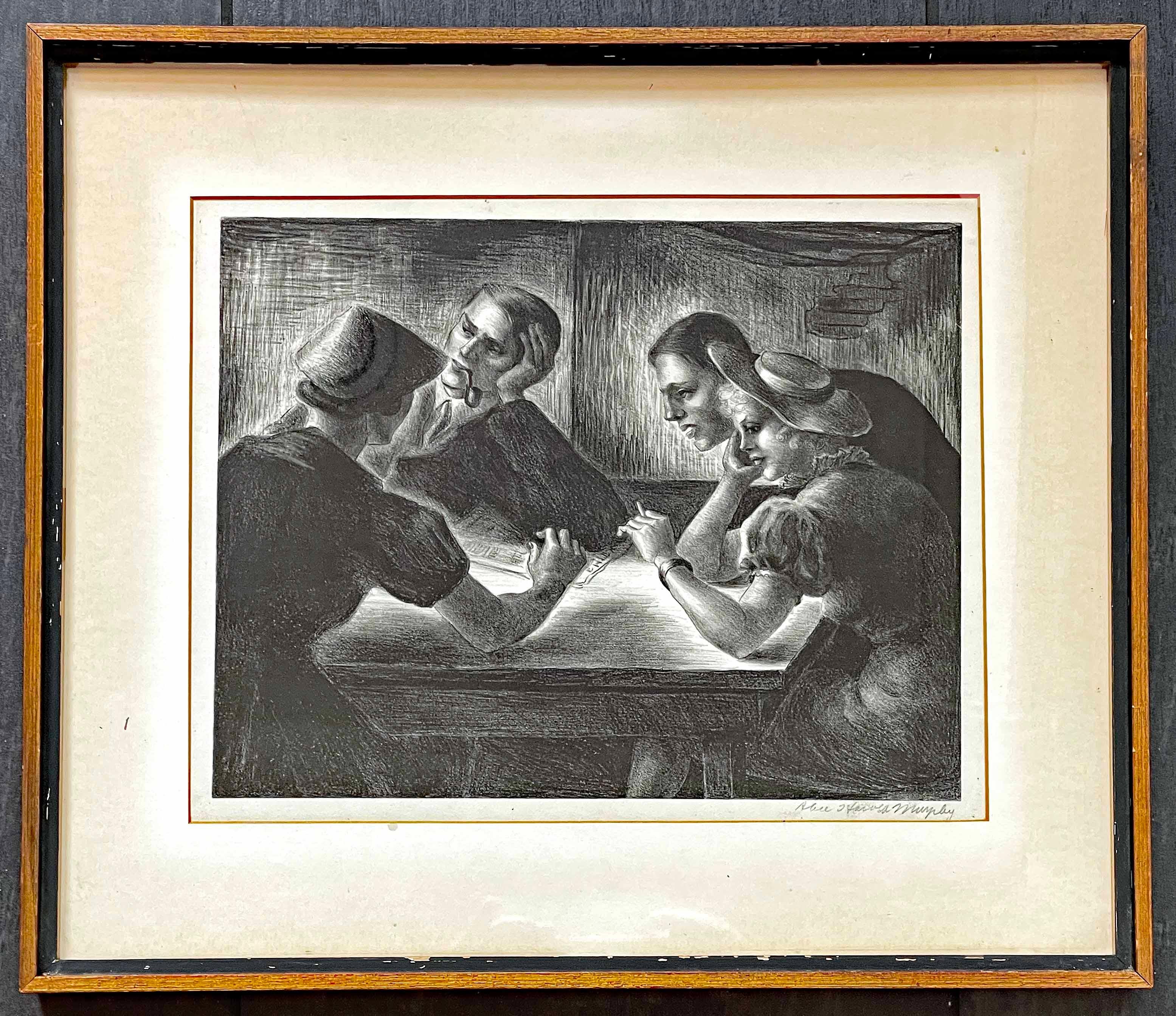 „Four at the Table“, amerikanische Szenenlithographie der Künstlerin von Woman Artist, 1940er Jahre im Zustand „Hervorragend“ im Angebot in Philadelphia, PA