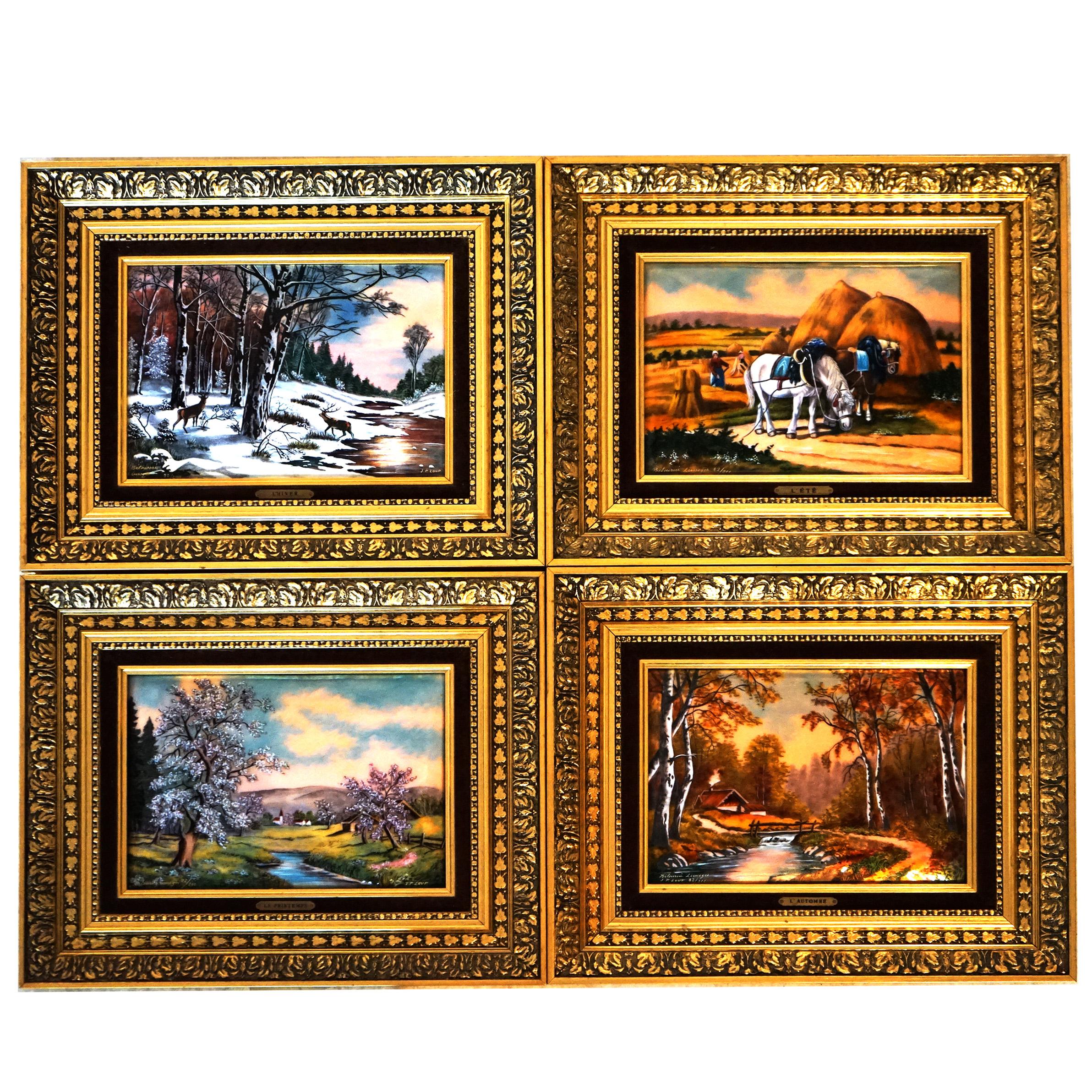 A set of four Atelier Betourne Limoges porcelain plaque landscape paintings titled “The Four Seasons”, signed and framed, 20thC

Measure - overall 14.5