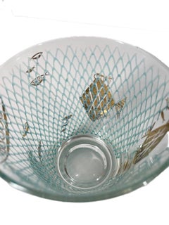 Four Atomic Double Old Fashioned Glasses with 22k Gold Fish on Raised Blue Net