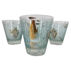 Four Atomic Double Old Fashioned Glasses with 22k Gold Fish on Raised Blue Net