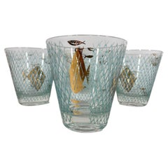 Vintage Four Atomic Double Old Fashioned Glasses with 22k Gold Fish on Raised Blue Net