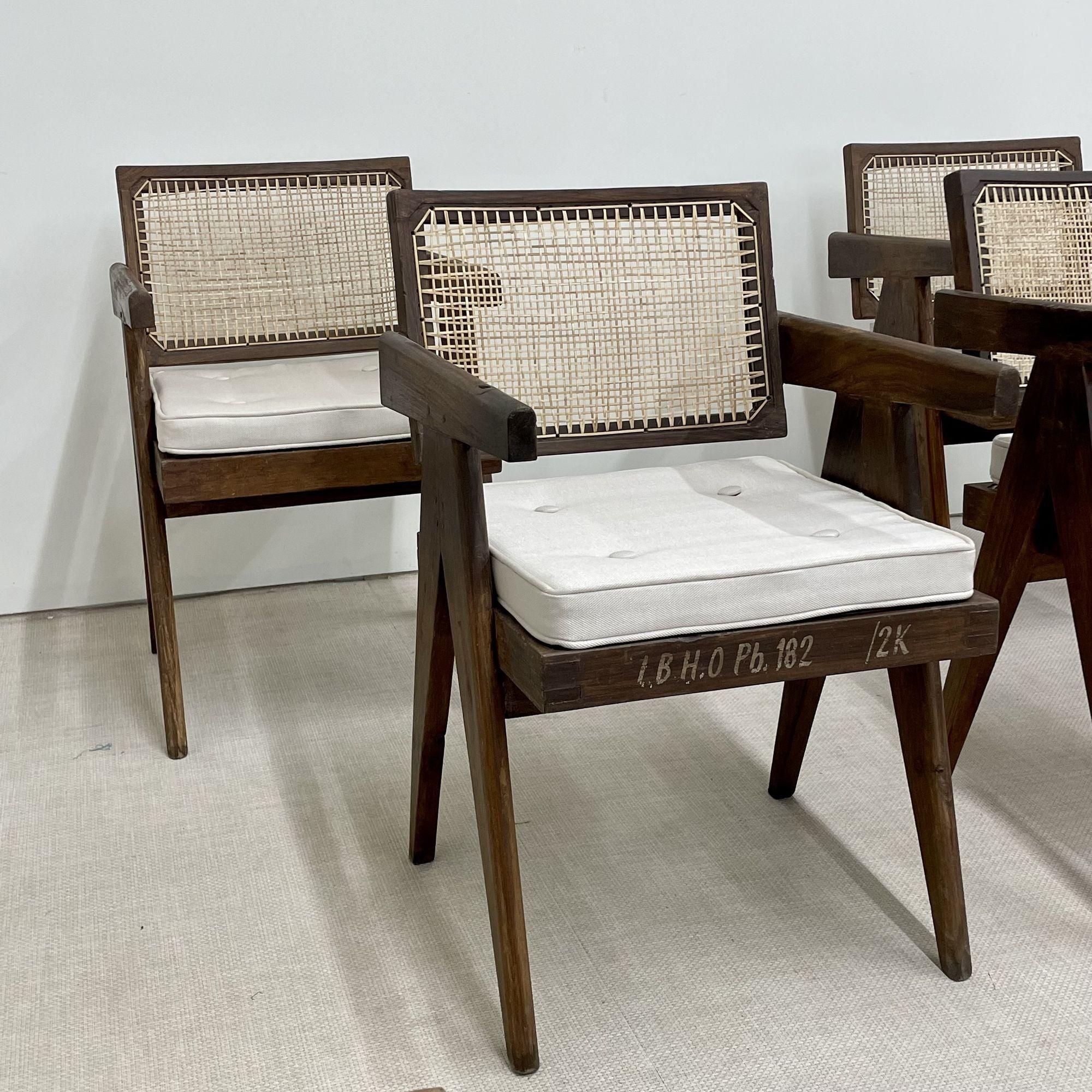 Indian Four Authentic Pierre Jeanneret Floating Back Arm Chairs, Mid-Century Modern