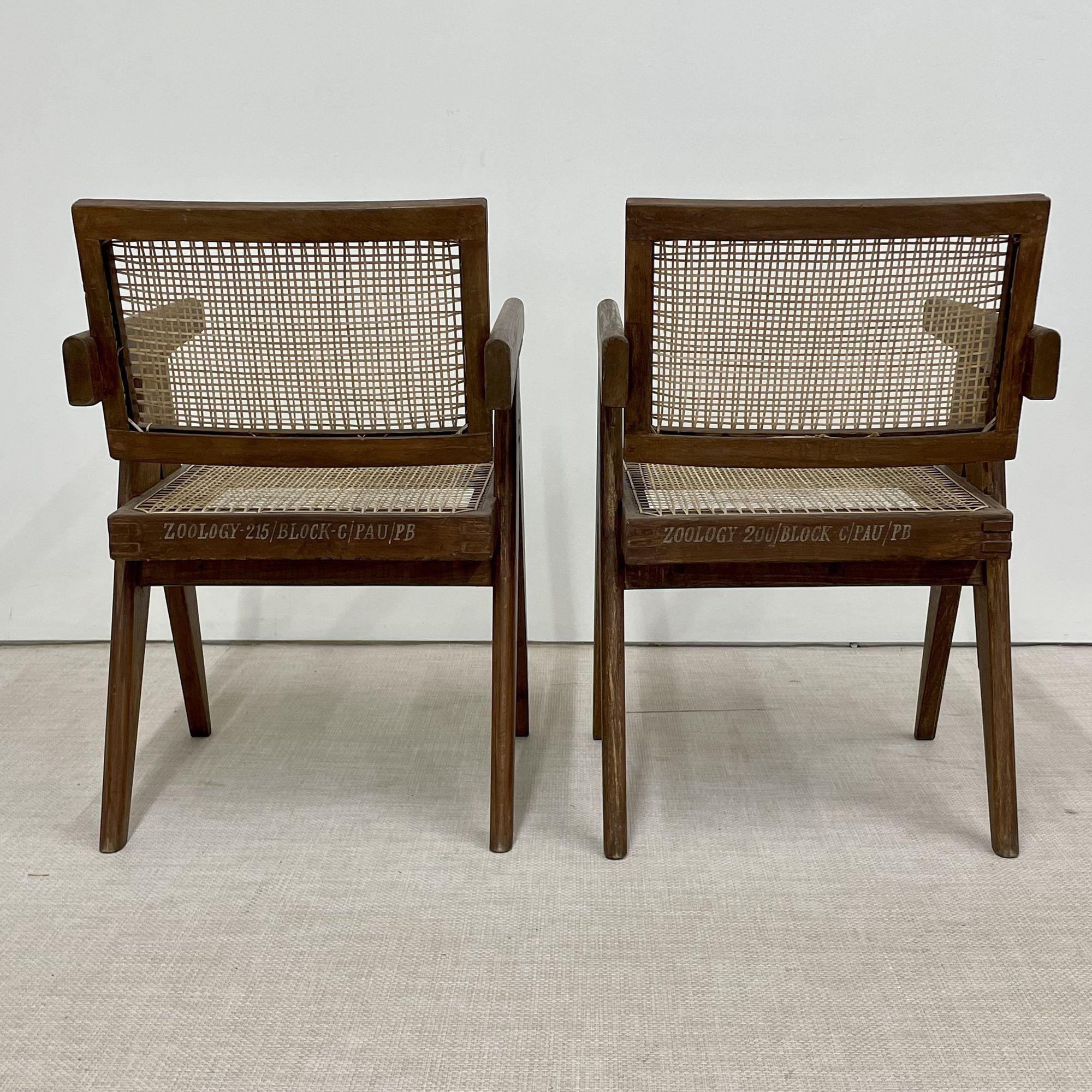 Linen Four Authentic Pierre Jeanneret Floating Back Arm Chairs, Mid-Century Modern