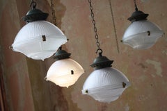 Four Available Early 20th C Holophane Prismatic Glass and Brass Pendants Lights