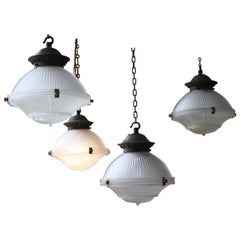 Four Available Early 20th C Holophane Prismatic Glass and Brass Pendants Lights