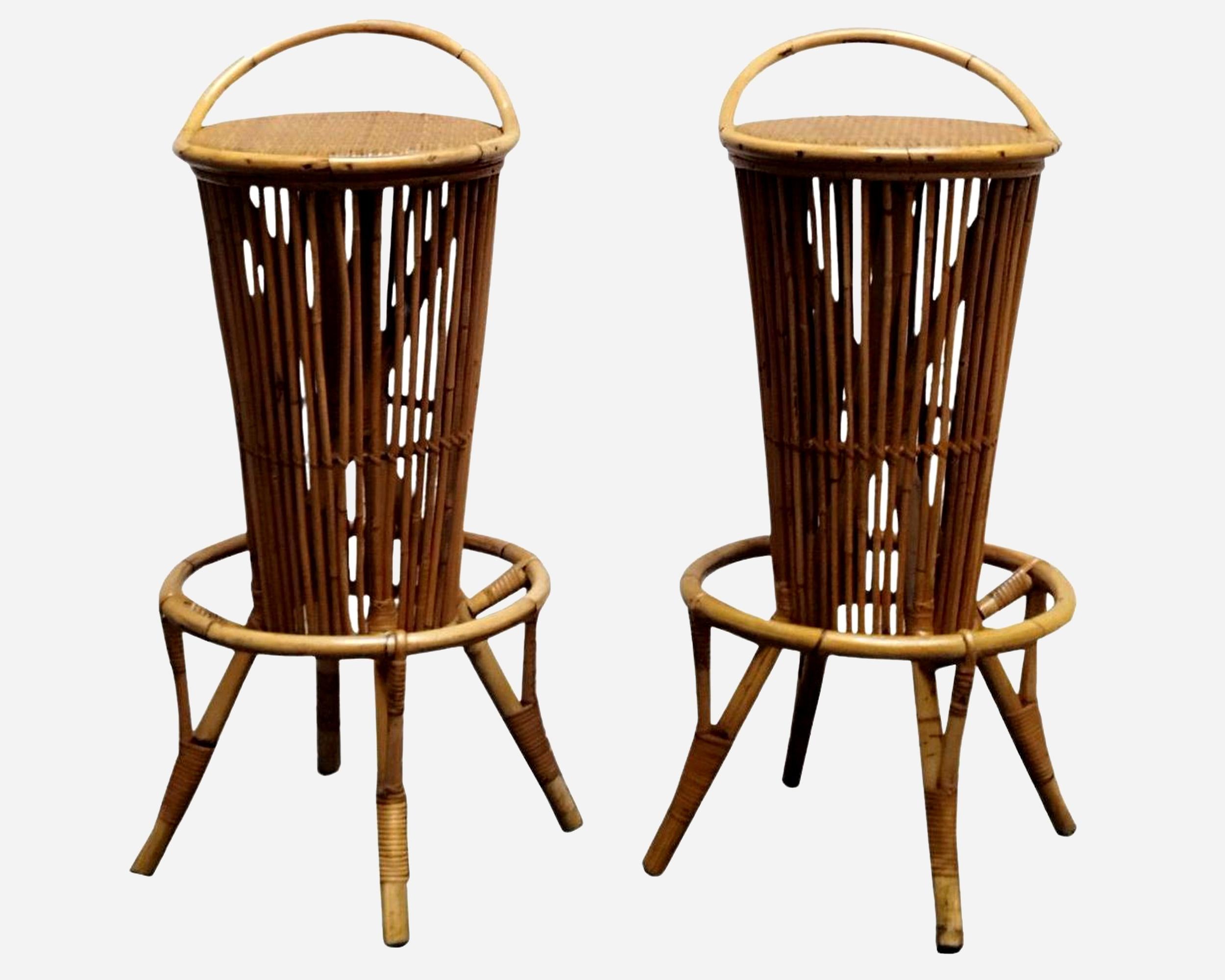 Italian Four bamboo and rattan bar stools, Italy, circa 1960 For Sale