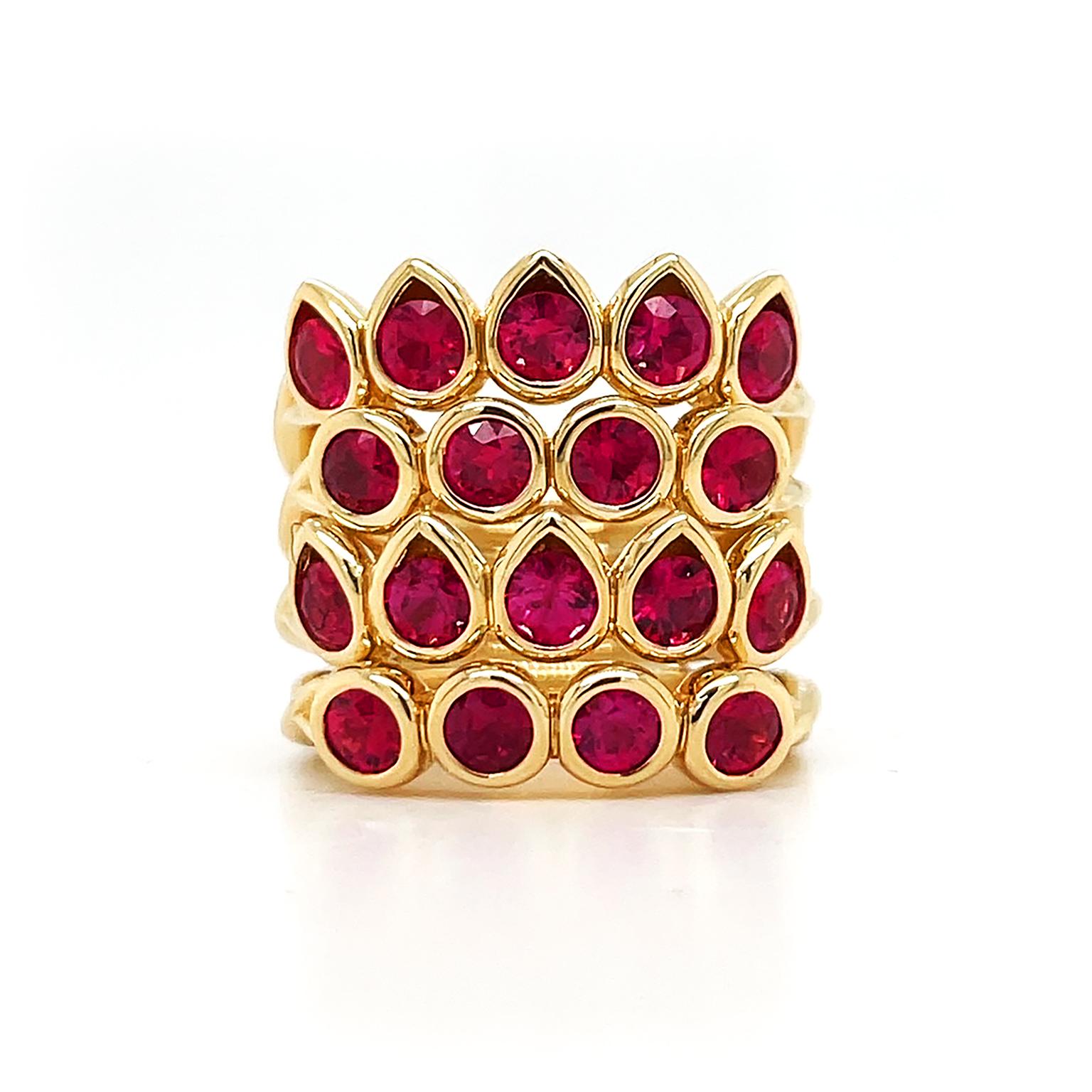 Round Cut Four Band Round and Pear Ruby 18K Yellow Gold Ring For Sale