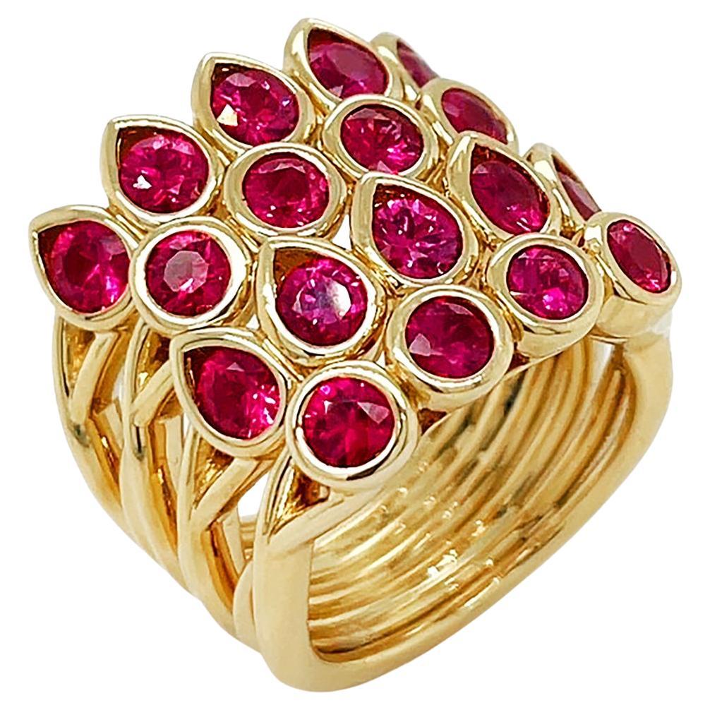Four Band Round and Pear Ruby 18K Yellow Gold Ring