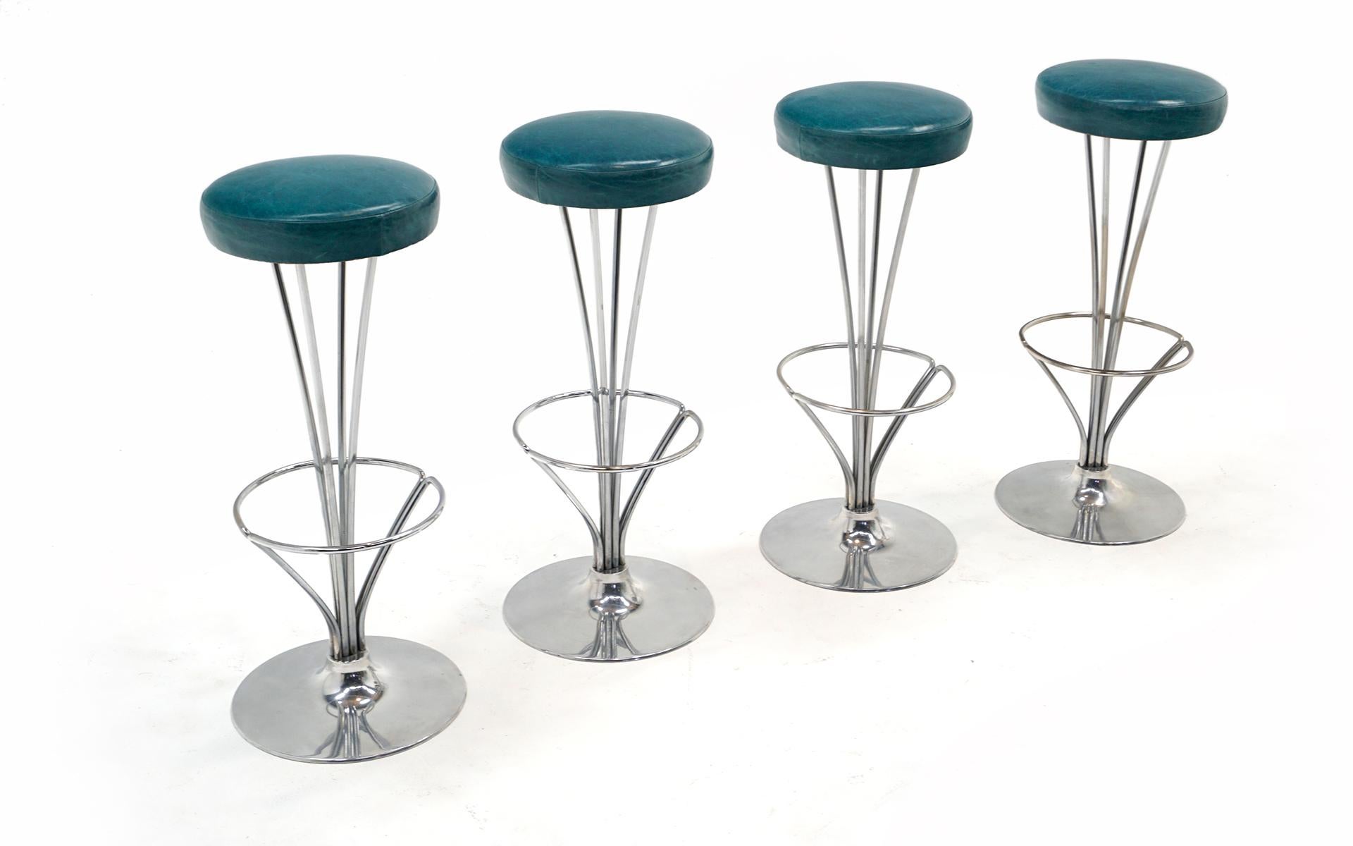 Scandinavian Modern Four Barstools with Blue Leather Seats by Piet Hein for Fritz Hansen For Sale