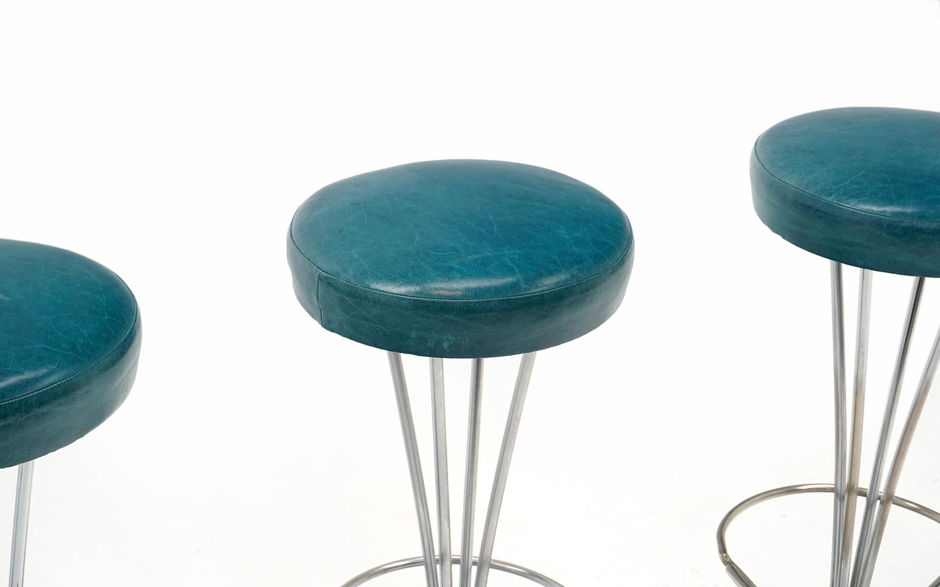 Danish Four Barstools with Blue Leather Seats by Piet Hein for Fritz Hansen For Sale