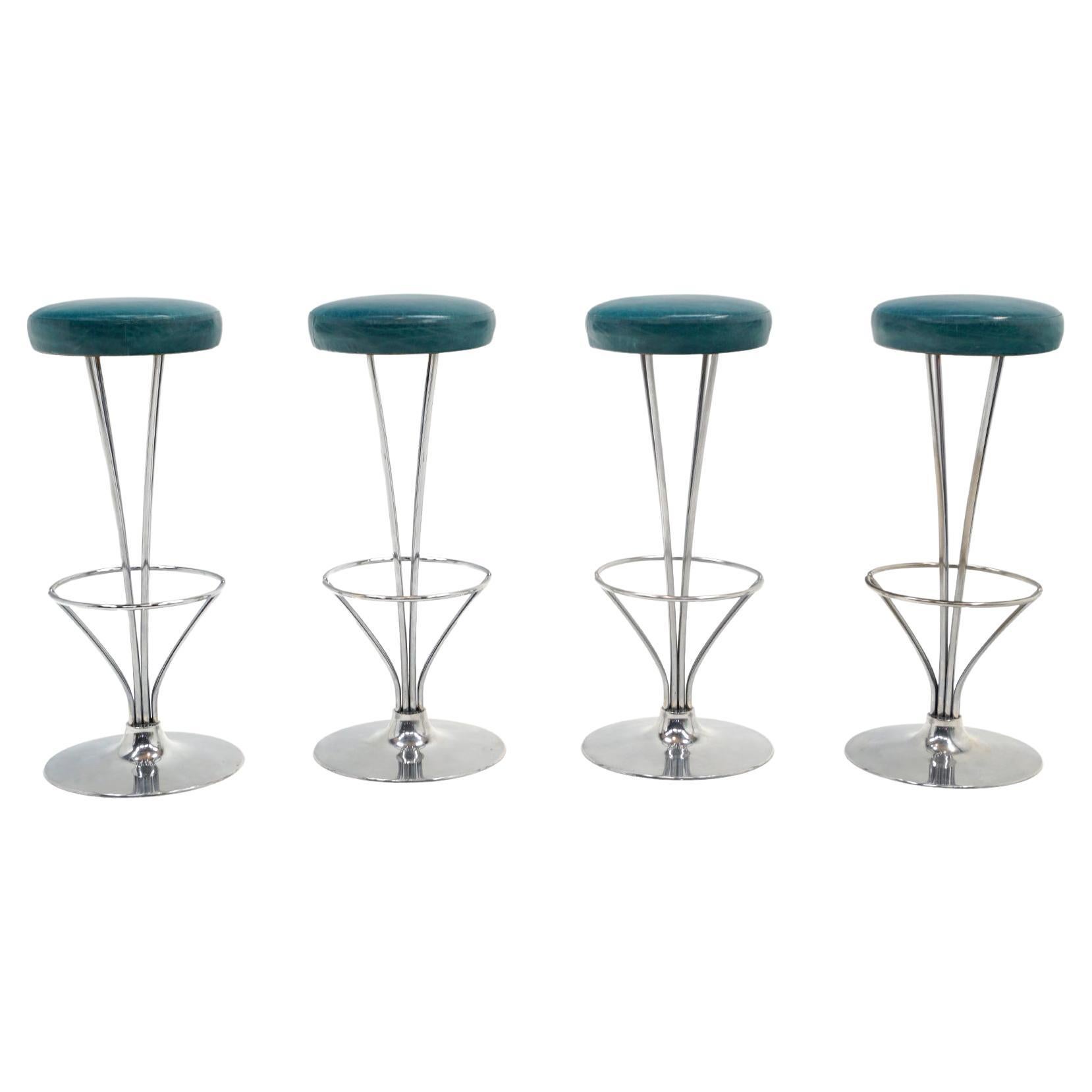 Four Barstools with Blue Leather Seats by Piet Hein for Fritz Hansen