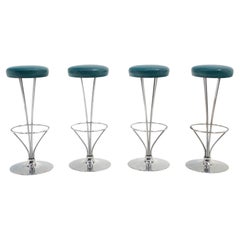 Four Barstools with Blue Leather Seats by Piet Hein for Fritz Hansen