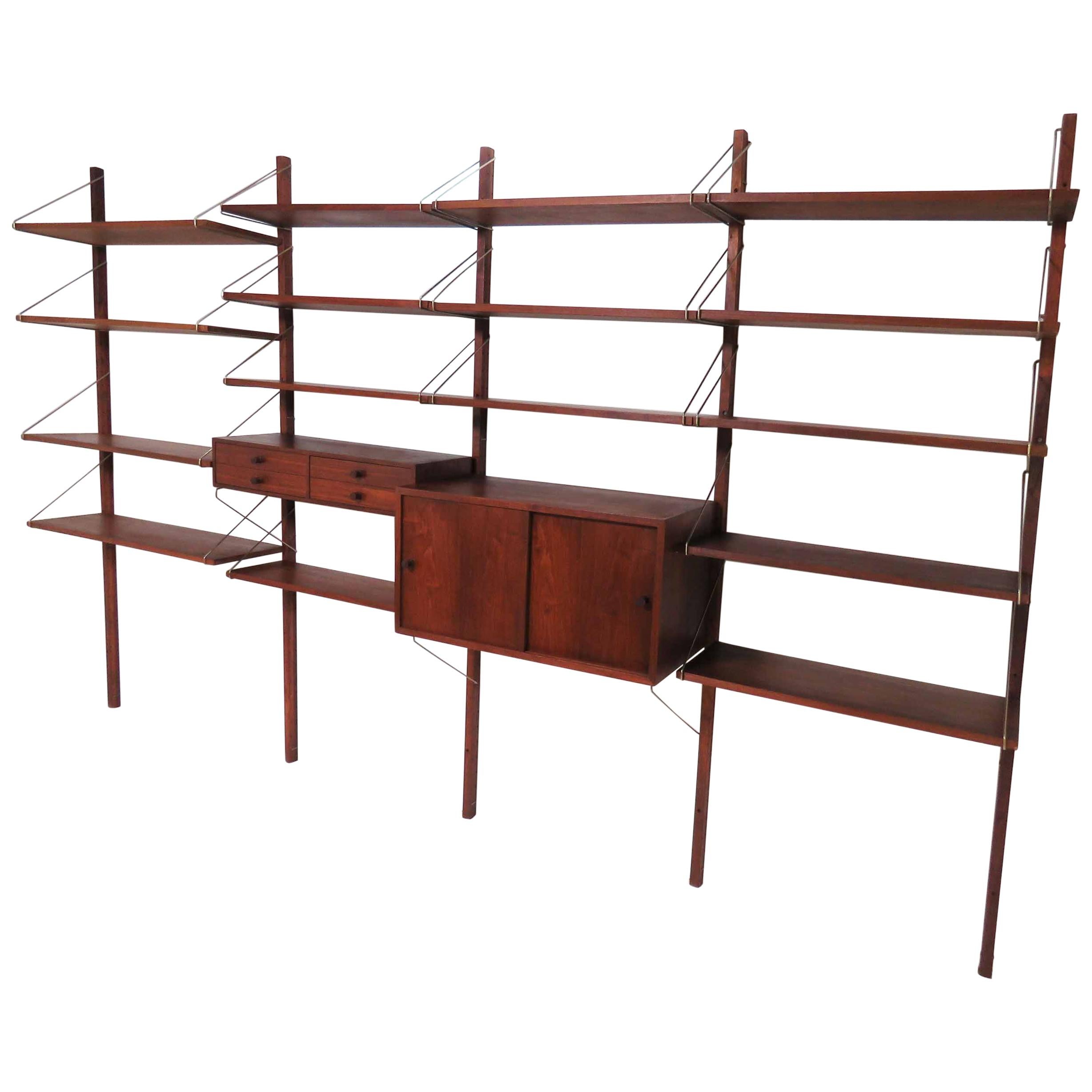 Four-Bay Midcentury "Cado" Style Wall Mounted Shelving Unit, circa 1960s
