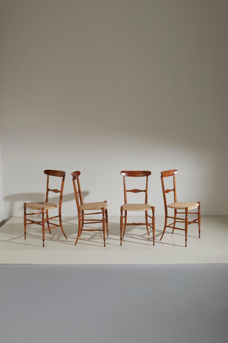 A beautiful set of four ''Chiavarine'' chairs produced in Chiavari during the early 1960s in a very small quantity by the artisanal and very skilled cabinetmaker ''F.lli (brothers) Zunino e Rivarola - Premiata Fabbrica Sedie d'Arte''.
This company