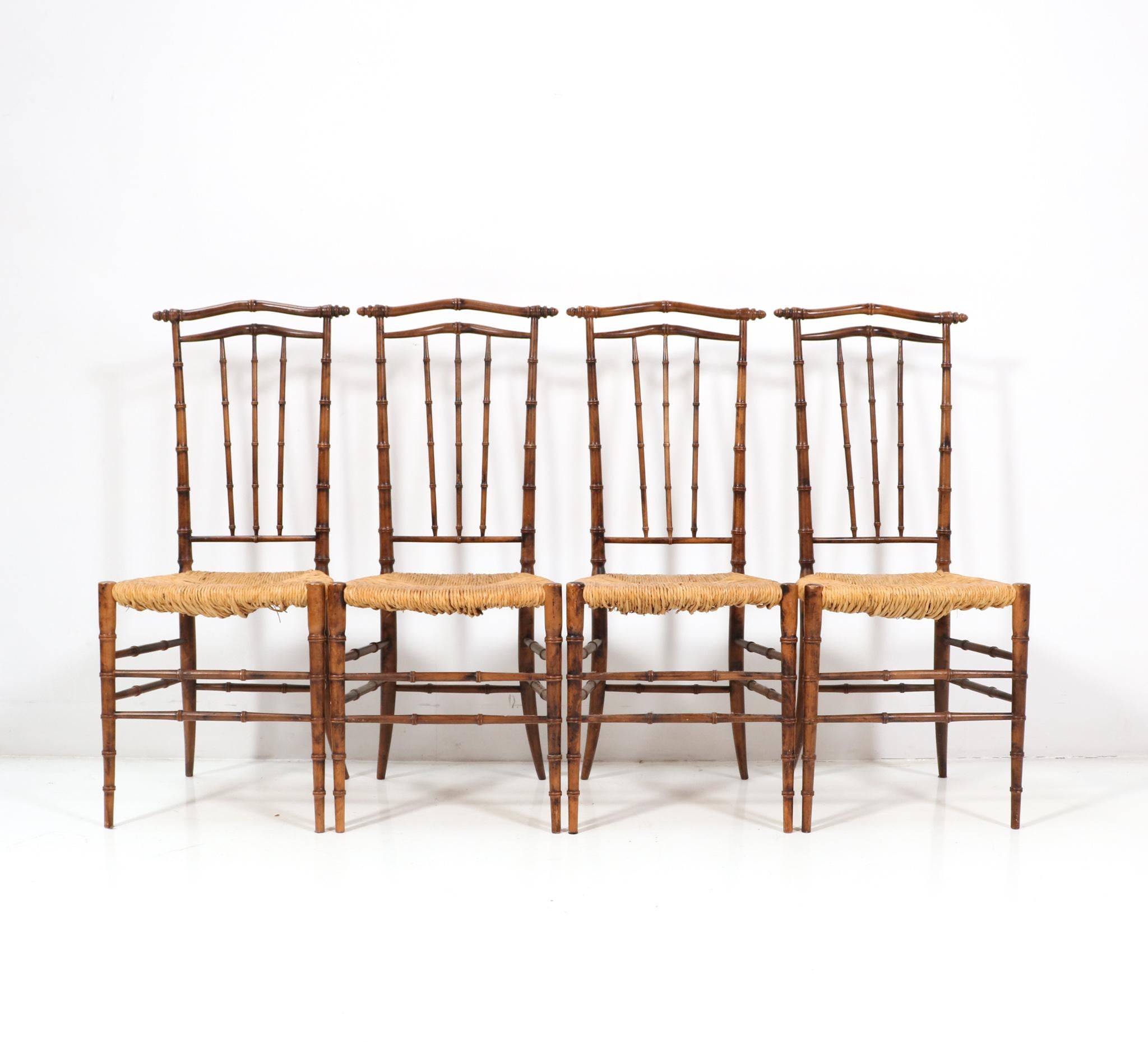 Dutch Four Beech Mid-Century Modern Faux Bamboo High Back Dining Room Chairs, 1970s For Sale