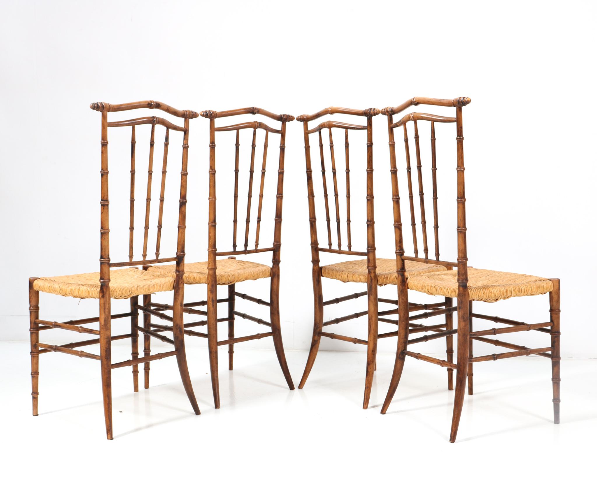 Four Beech Mid-Century Modern Faux Bamboo High Back Dining Room Chairs, 1970s In Good Condition For Sale In Amsterdam, NL