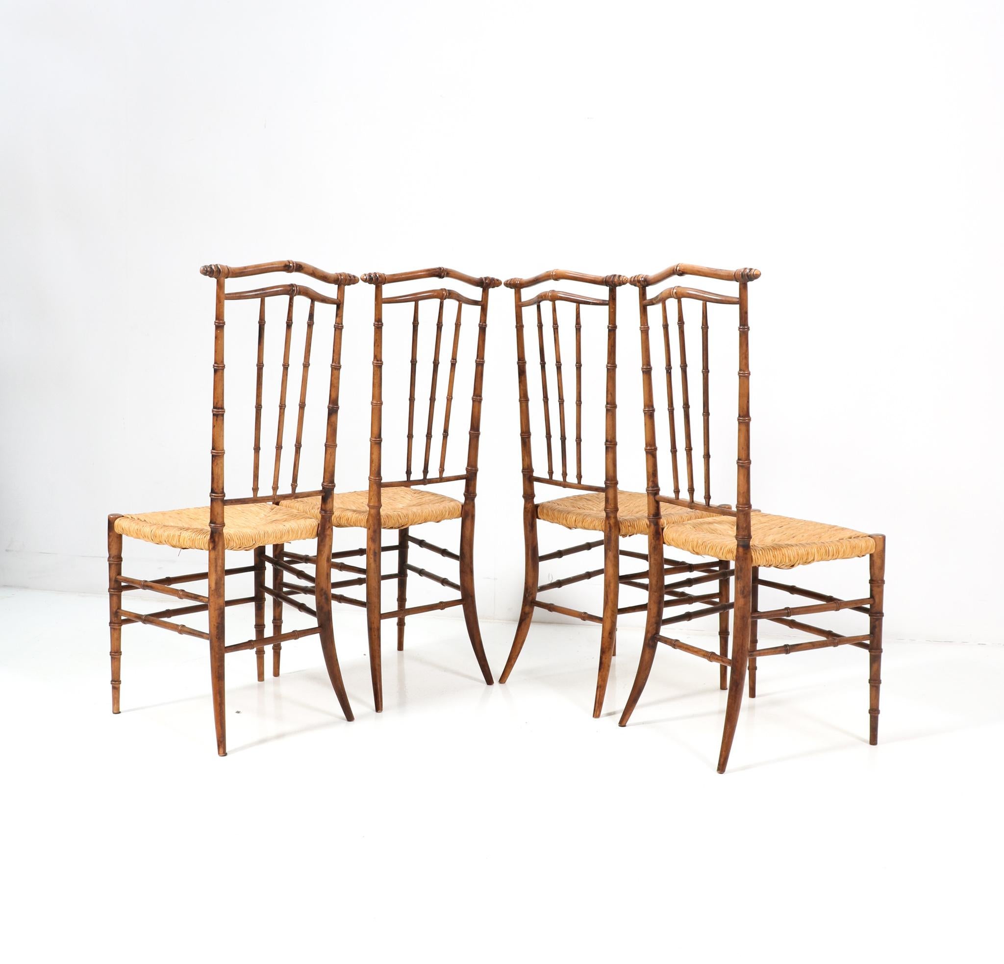 Late 20th Century Four Beech Mid-Century Modern Faux Bamboo High Back Dining Room Chairs, 1970s For Sale