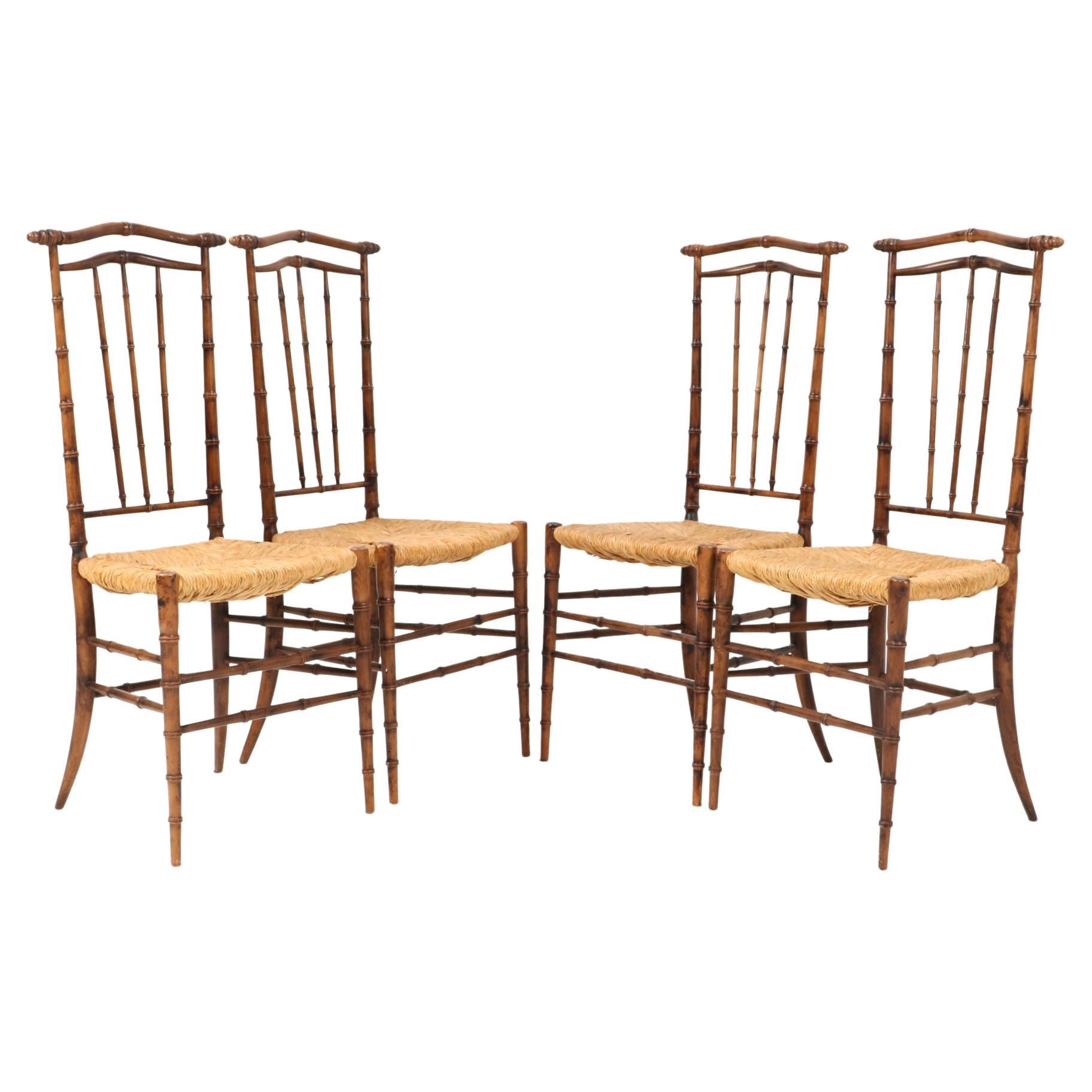 Four Beech Mid-Century Modern Faux Bamboo High Back Dining Room Chairs, 1970s