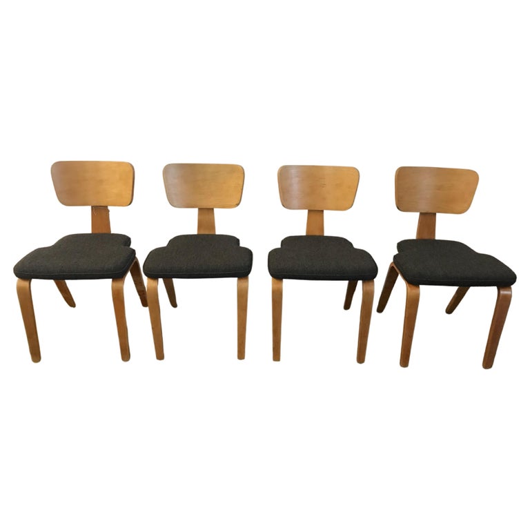 Four Birch Plywood Chairs with Upholstered Seats For Sale at 1stDibs