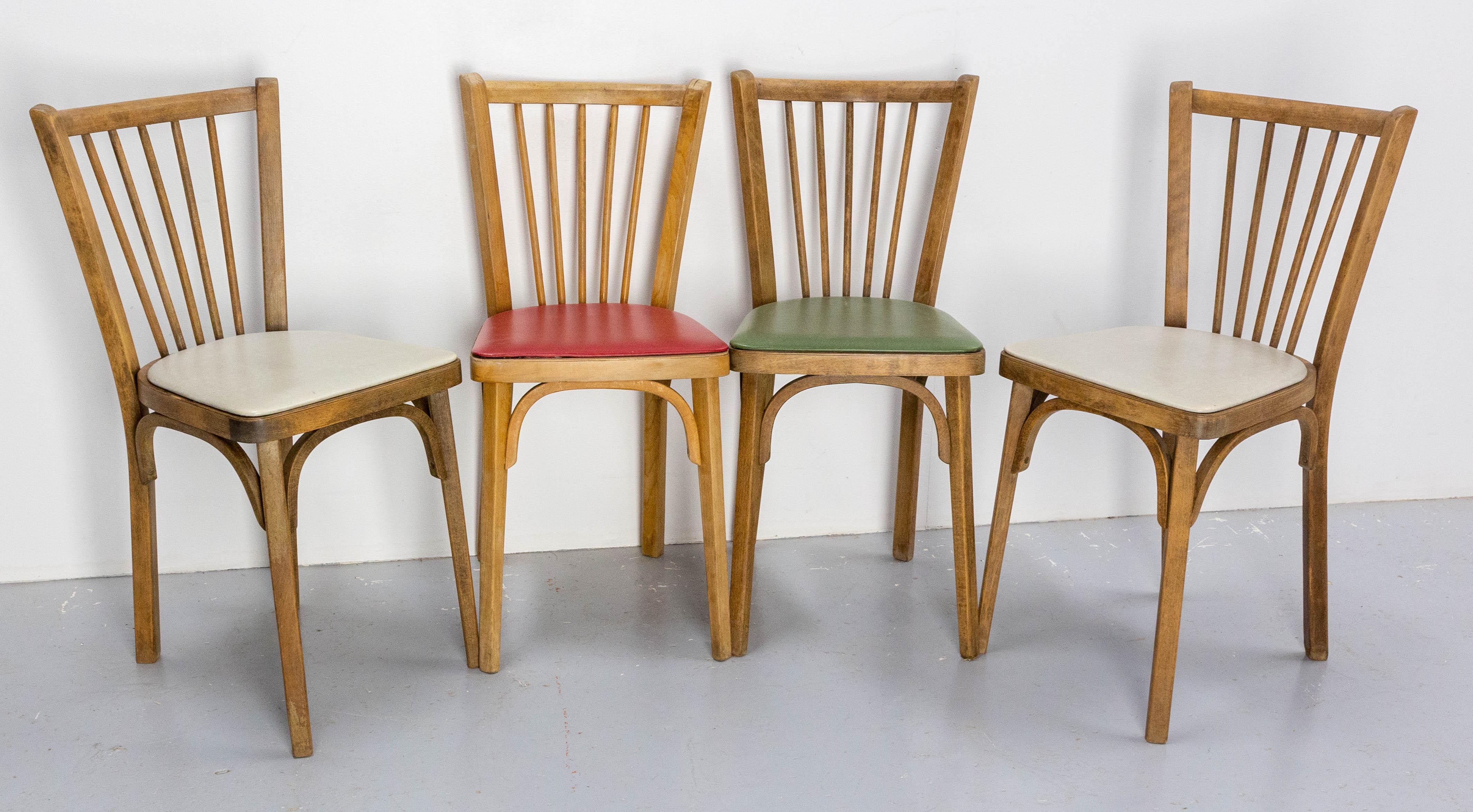Four Bistro Dining Chairs Baumann Beech and Skai France Midcentury, circa 1950 For Sale 5