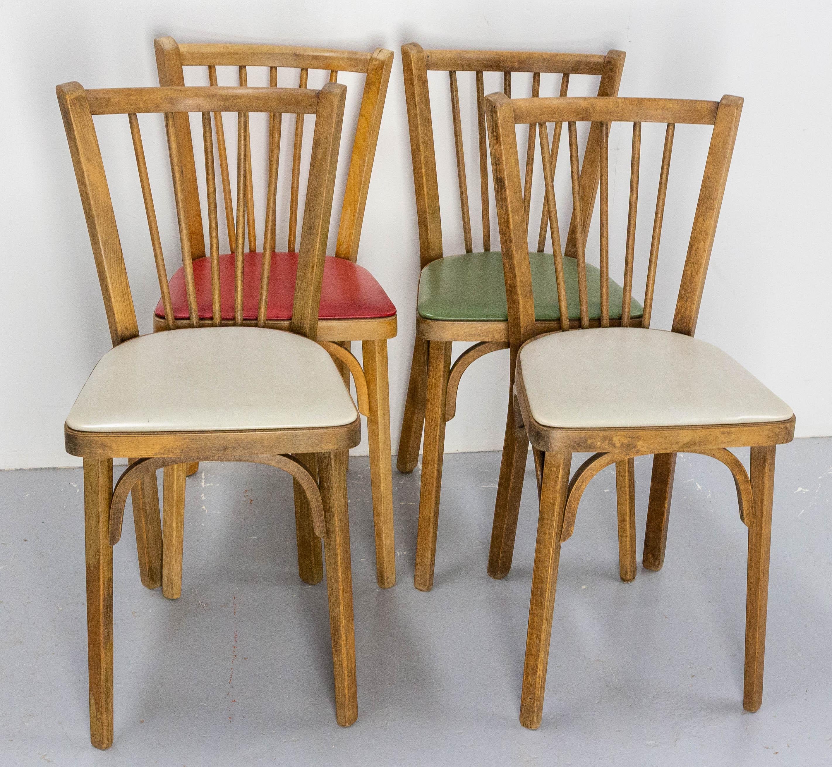 Four Bistro Dining Chairs Baumann Beech and Skai France Midcentury, circa 1950 For Sale 7
