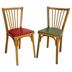 Four Bistro Dining Chairs Baumann Beech and Skai France Midcentury, circa 1950