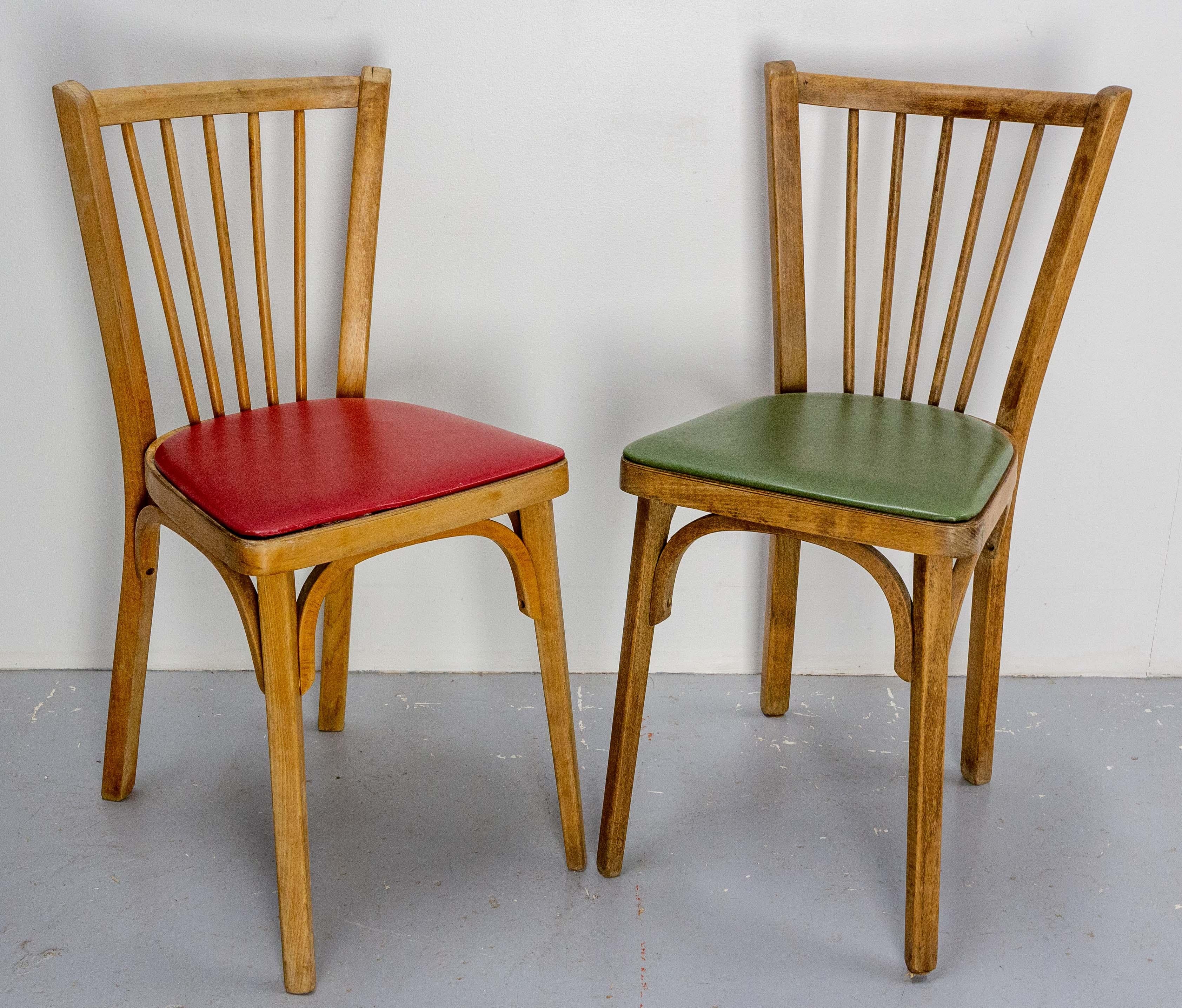 Mid-Century Modern Four Bistro Dining Chairs Baumann Beech and Skai France Midcentury, circa 1950 For Sale