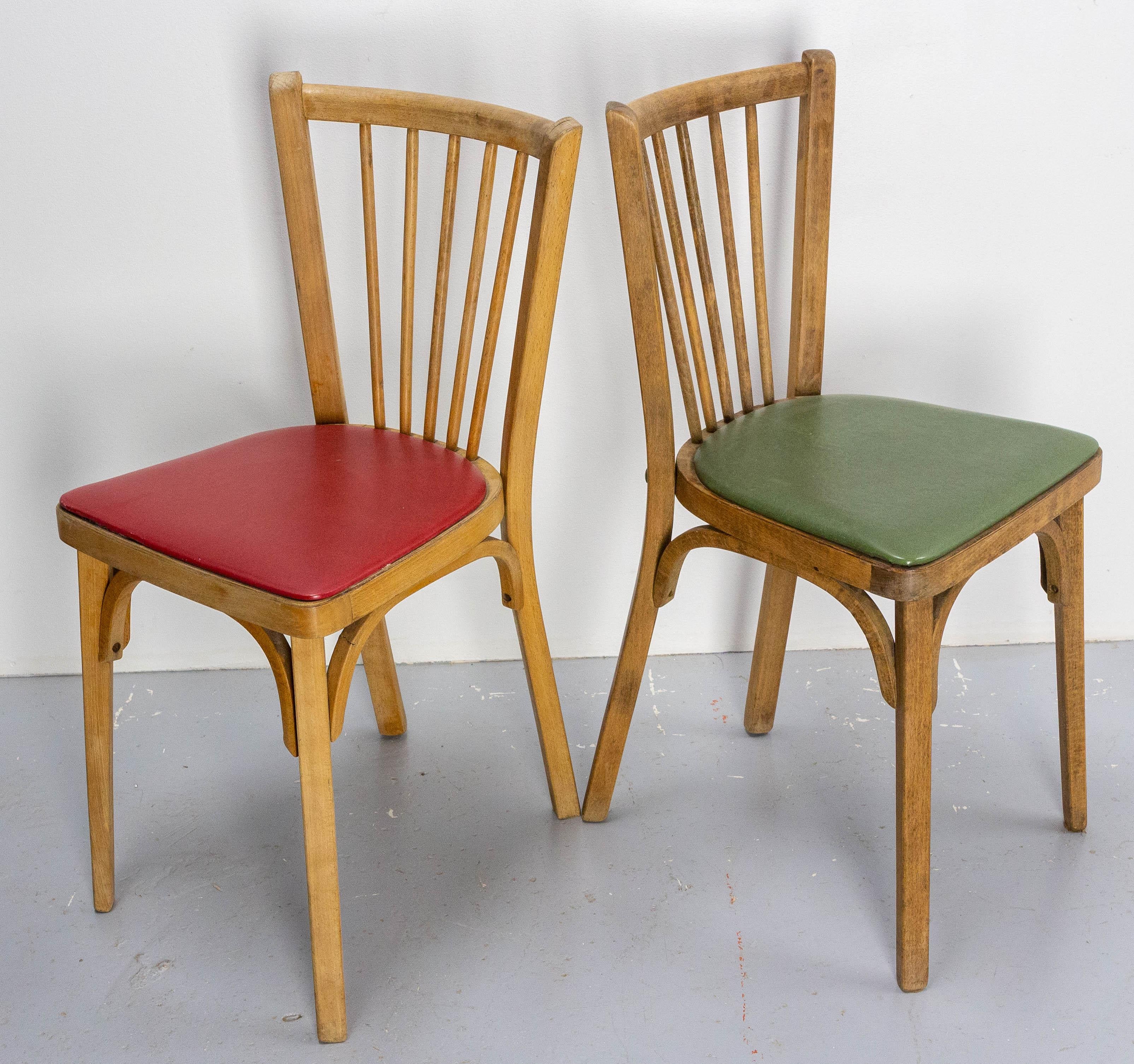 French Four Bistro Dining Chairs Baumann Beech and Skai France Midcentury, circa 1950 For Sale