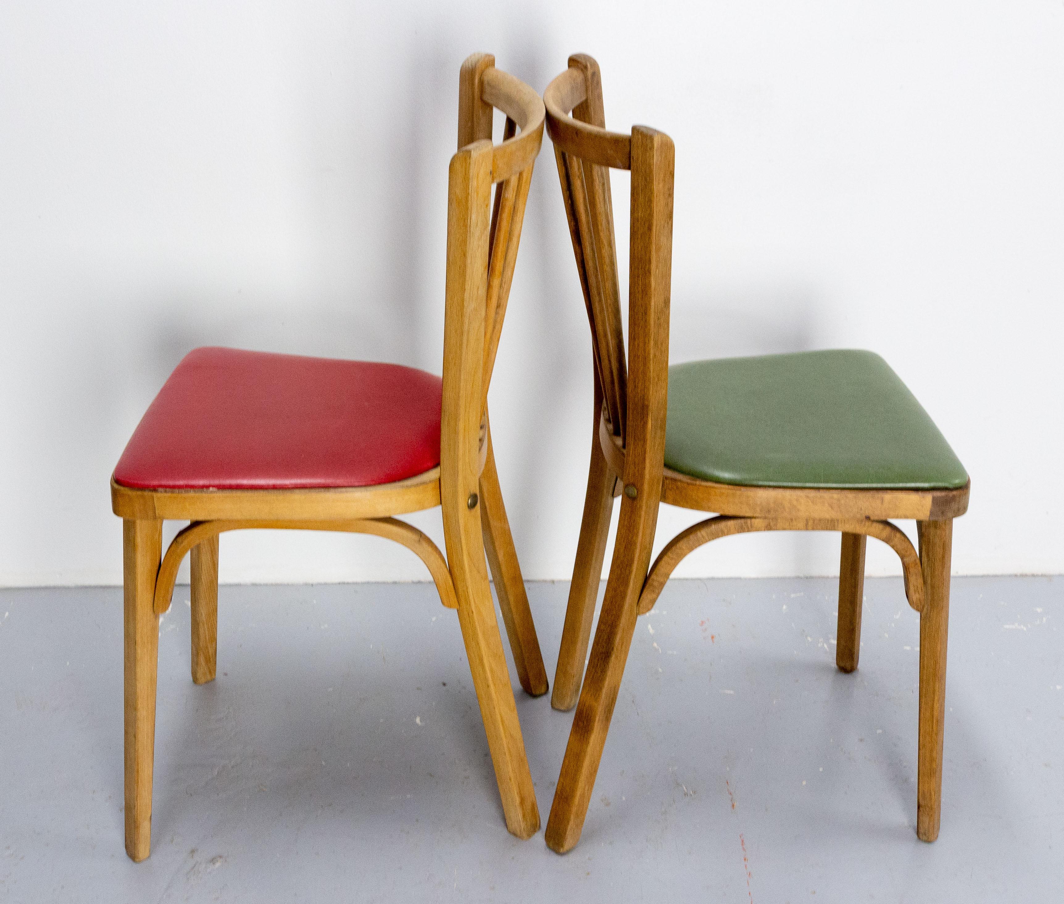 20th Century Four Bistro Dining Chairs Baumann Beech and Skai France Midcentury, circa 1950 For Sale