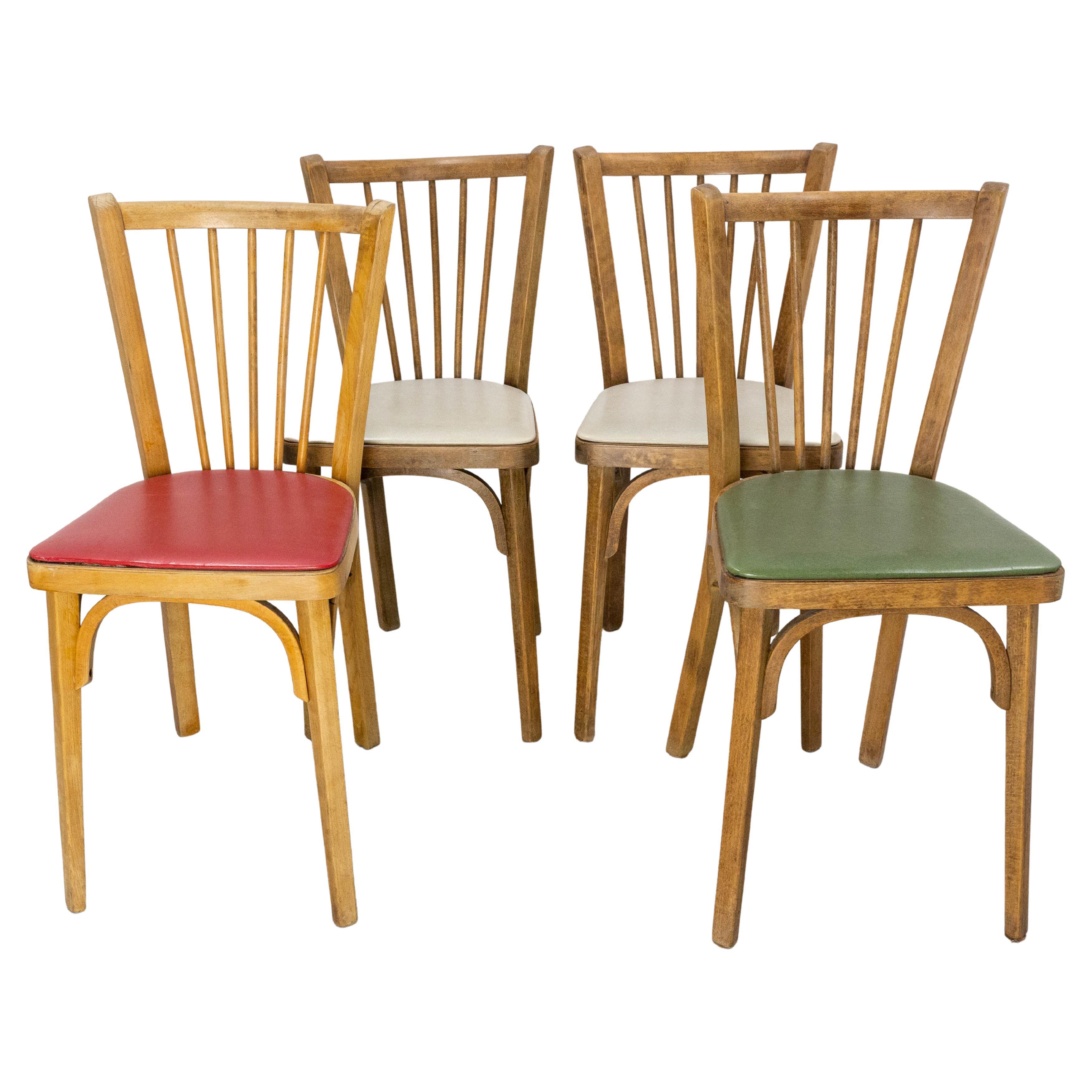 Four Bistro Dining Chairs Baumann Beech and Skai France Midcentury, circa 1950