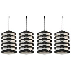 Four Black & Aluminium Dutch Pendant Lamps by Hoogervorst 1960
