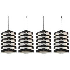 Four Minimalist Pendant Lamps in Black and Aluminium by Hoogervorst, 1960
