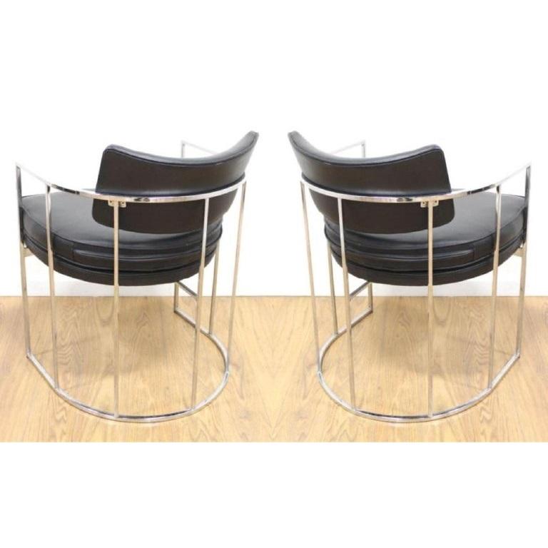 Mid-Century Modern Four Black and Chrome Milo Baughman Barrel Dining Chairs