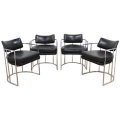 Four Black and Chrome Milo Baughman Barrel Dining Chairs