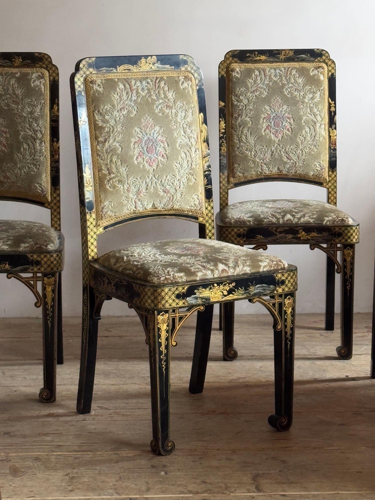 black and gold lacquered chinoiserie dining chairs. For Sale 5