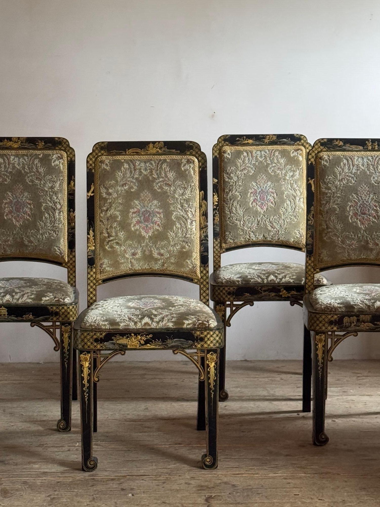 black and gold lacquered chinoiserie dining chairs. For Sale 7