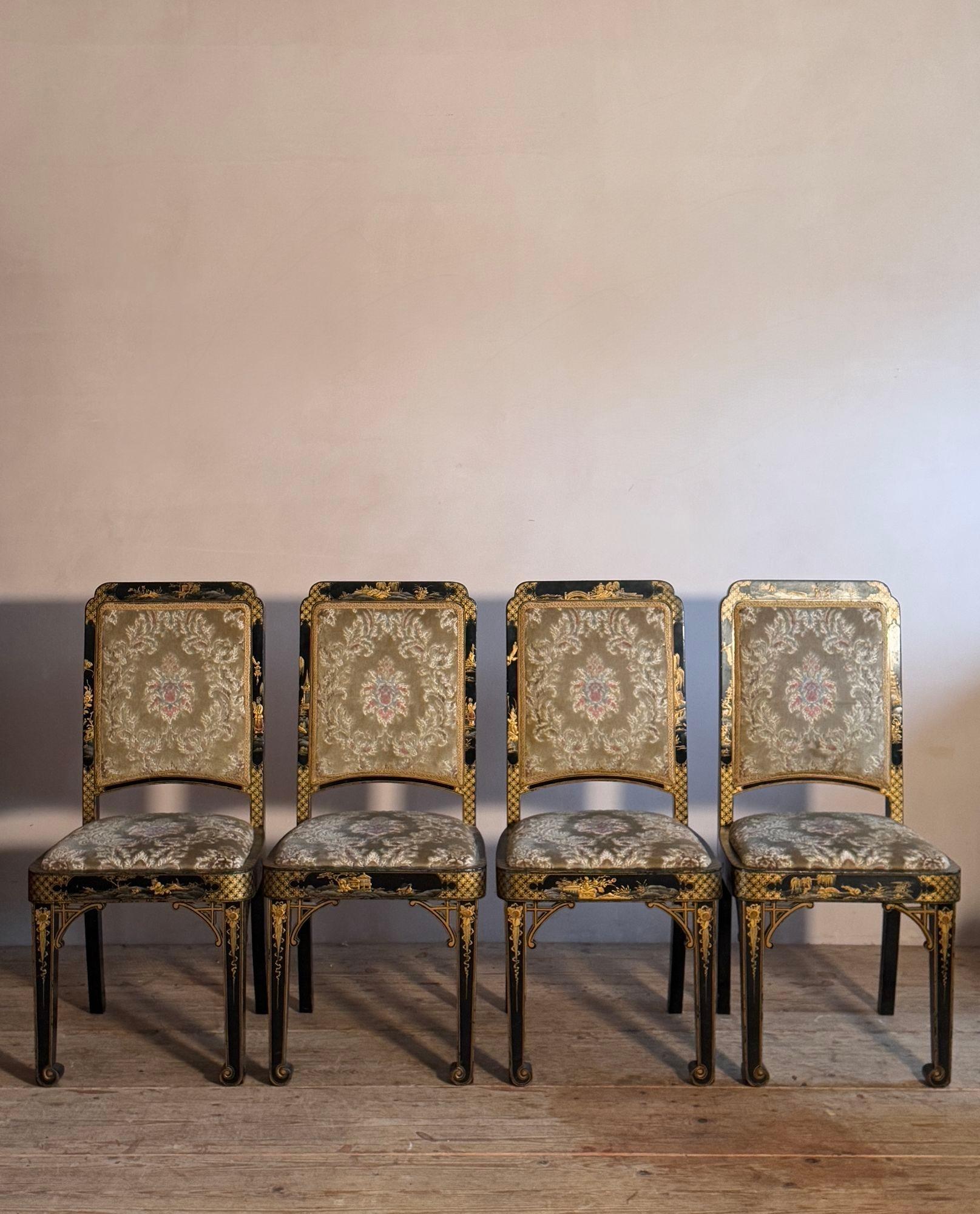 black and gold lacquered chinoiserie dining chairs. In Good Condition For Sale In Grange-Over-Sands, GB