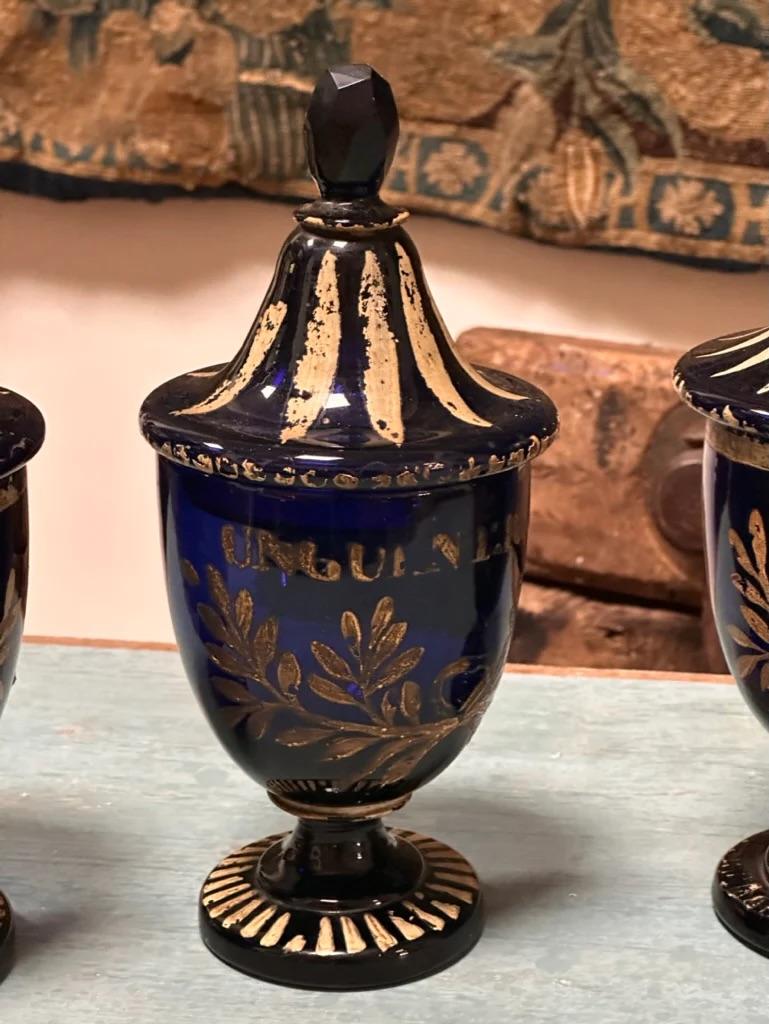 Four blue glass Italian Apothecary Jars with lids, 18th Century In Good Condition For Sale In Charlottesville, VA