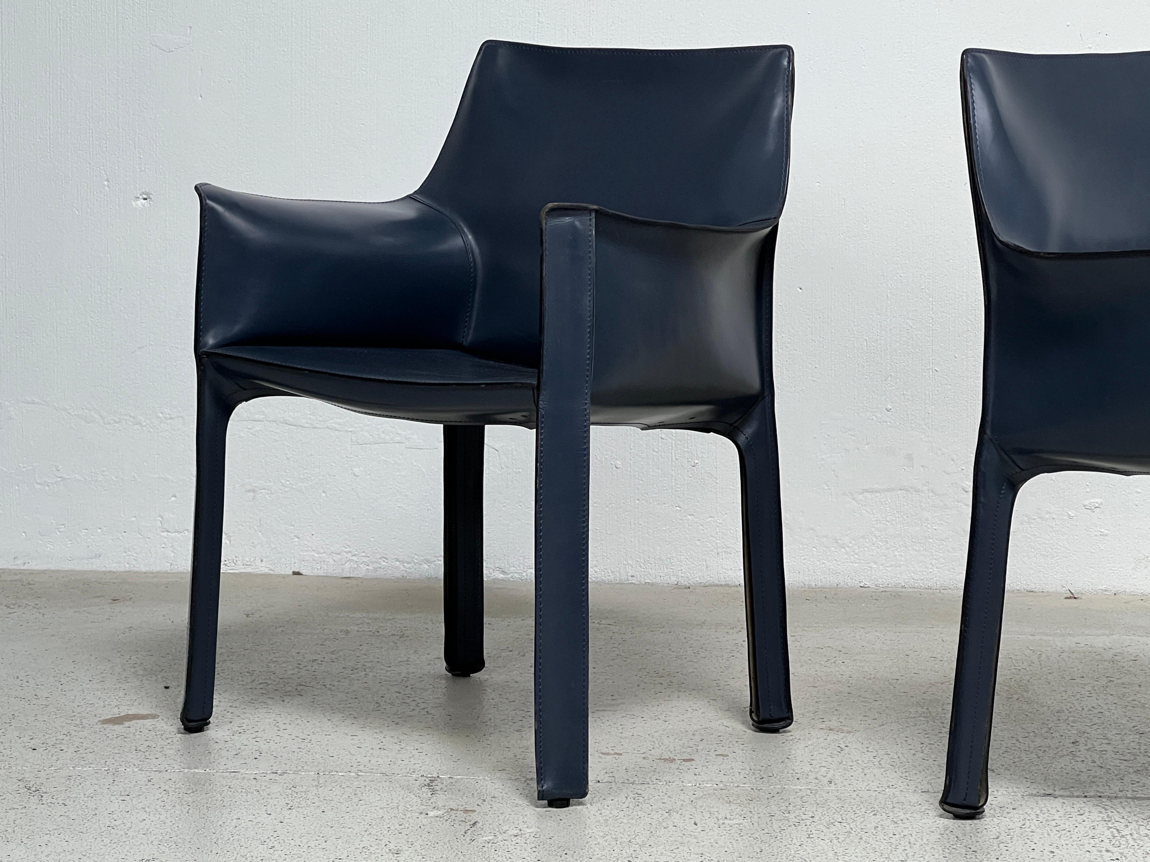 Four Blue Leather Cab Arm Chairs by Mario Bellini  For Sale 6