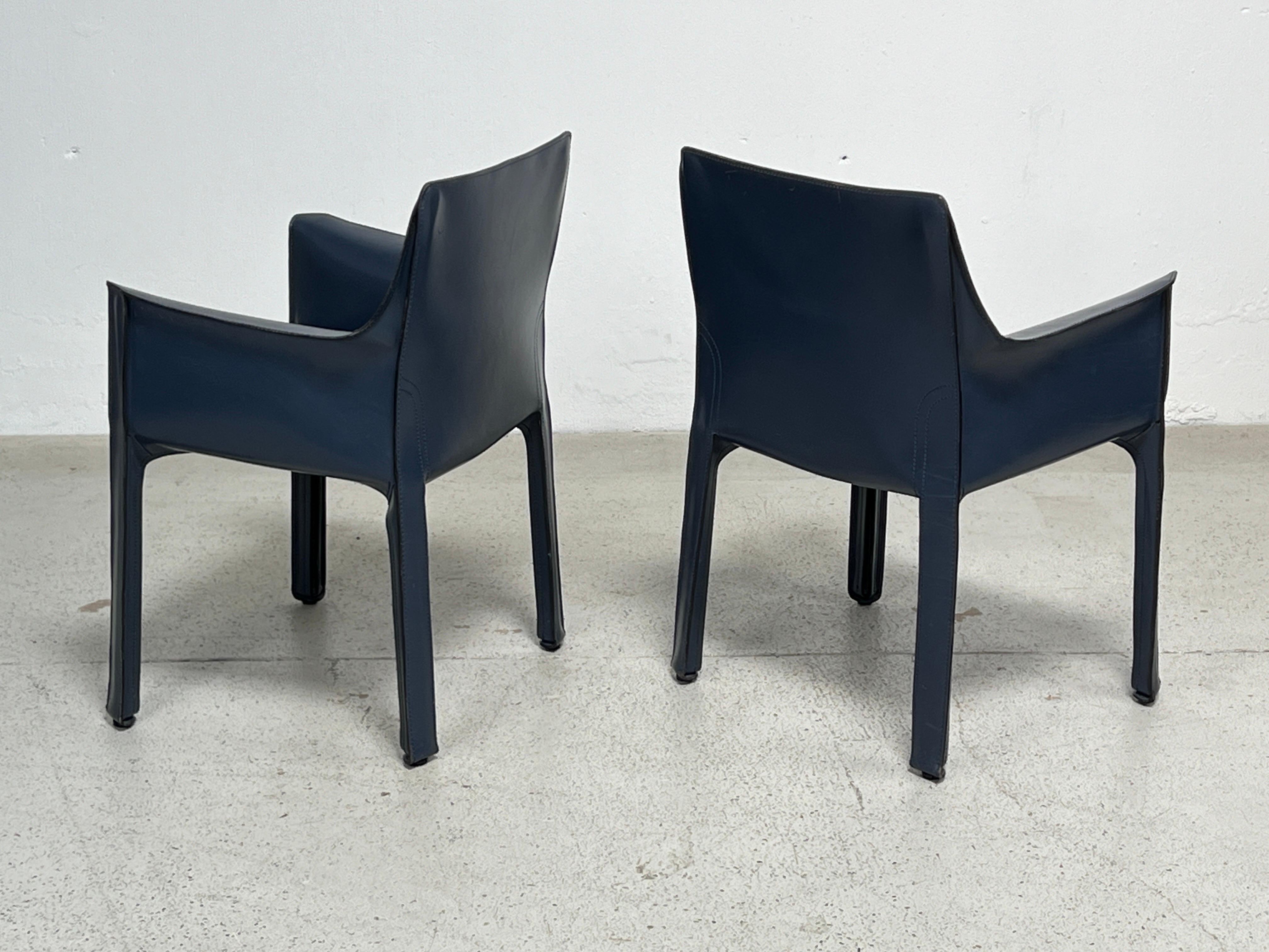 Four Blue Leather Cab Arm Chairs by Mario Bellini  For Sale 9