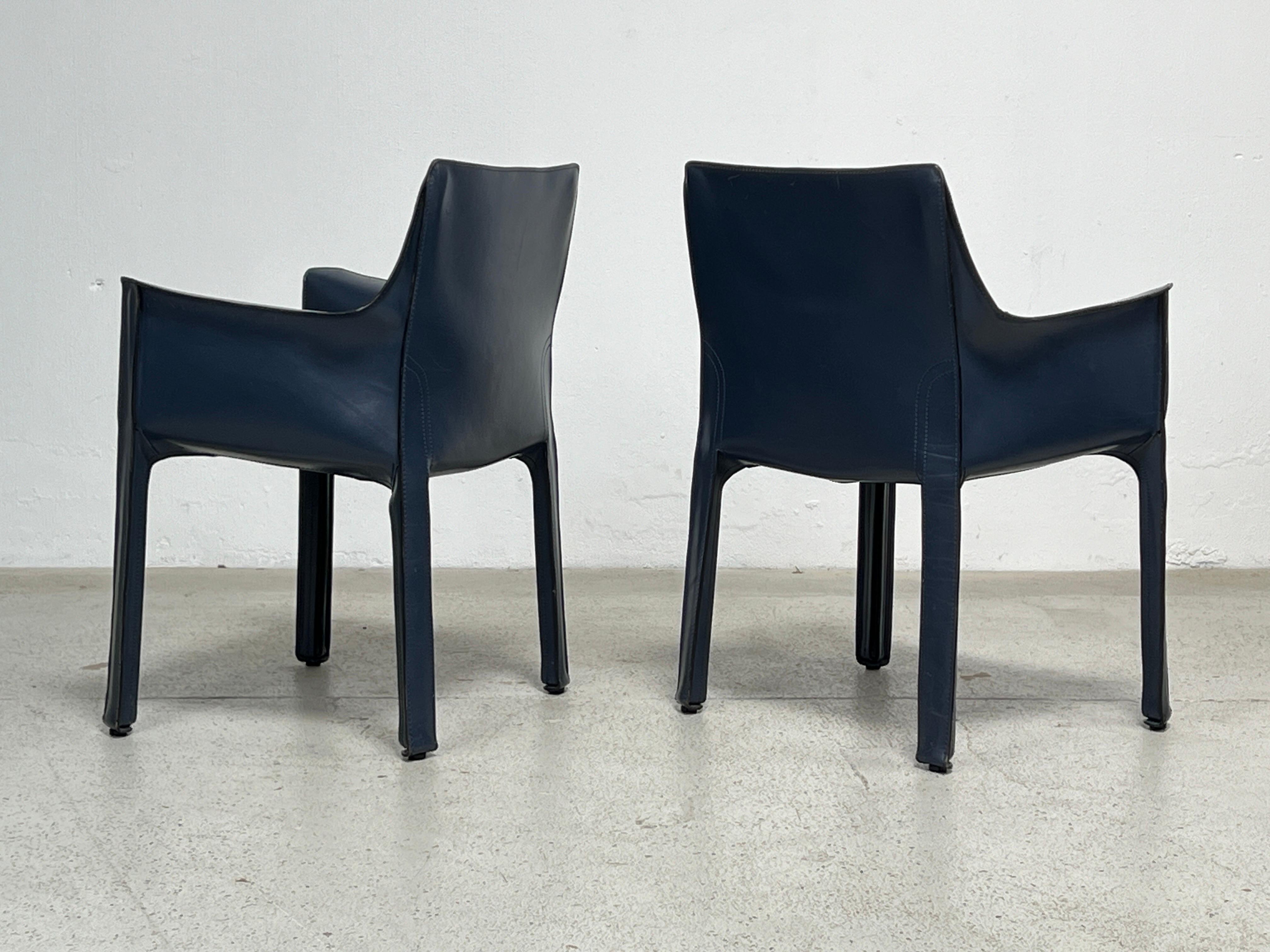 Four Blue Leather Cab Arm Chairs by Mario Bellini  For Sale 10