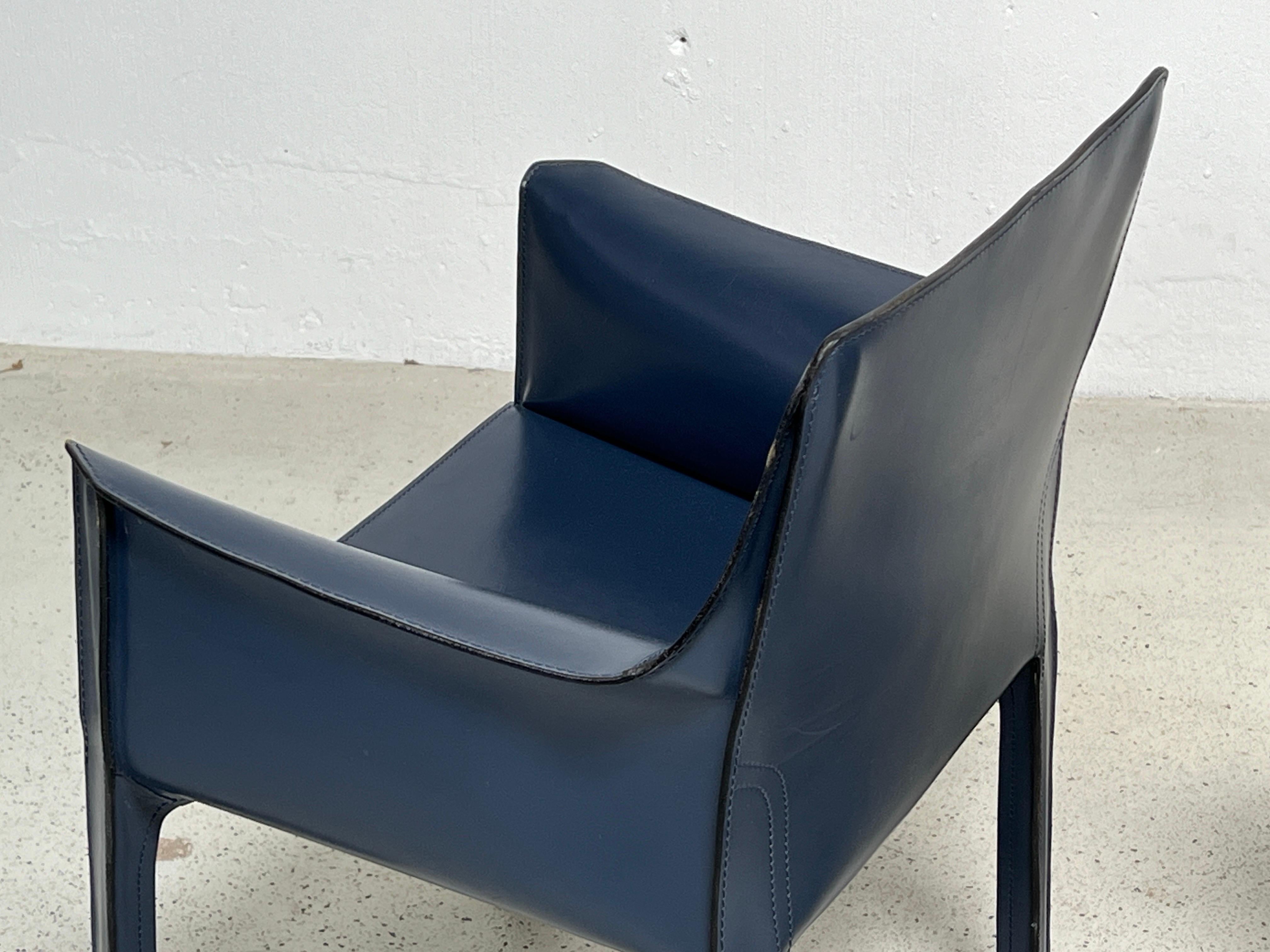 Four Blue Leather Cab Arm Chairs by Mario Bellini  For Sale 11