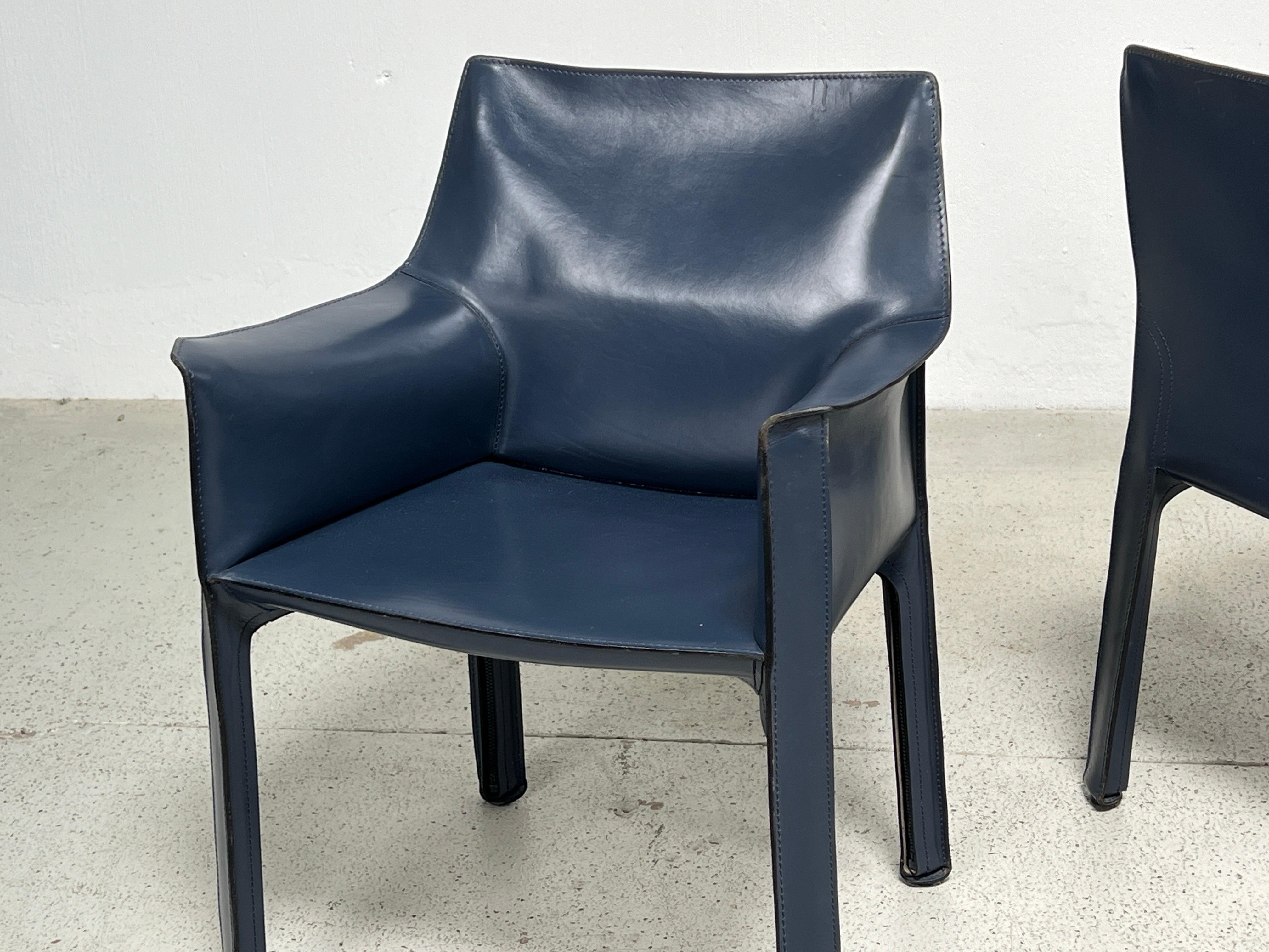 Four Blue Leather Cab Arm Chairs by Mario Bellini  For Sale 12