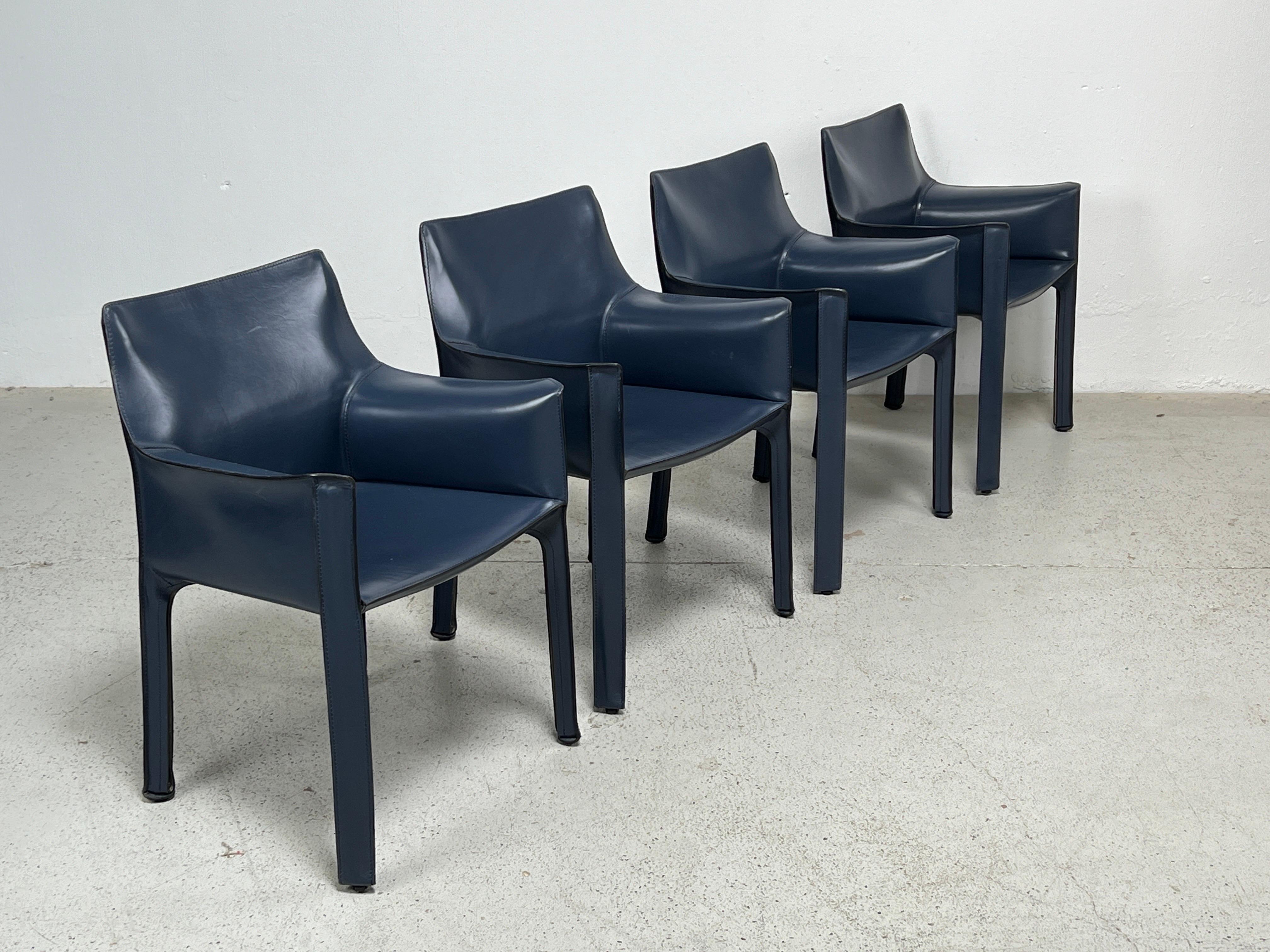 Four Blue Leather Cab Arm Chairs by Mario Bellini  In Good Condition For Sale In Dallas, TX